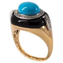 Used Art Deco Style 0.40 Carat White Diamond Turquoise Onyx Yellow Gold Cocktail Ring