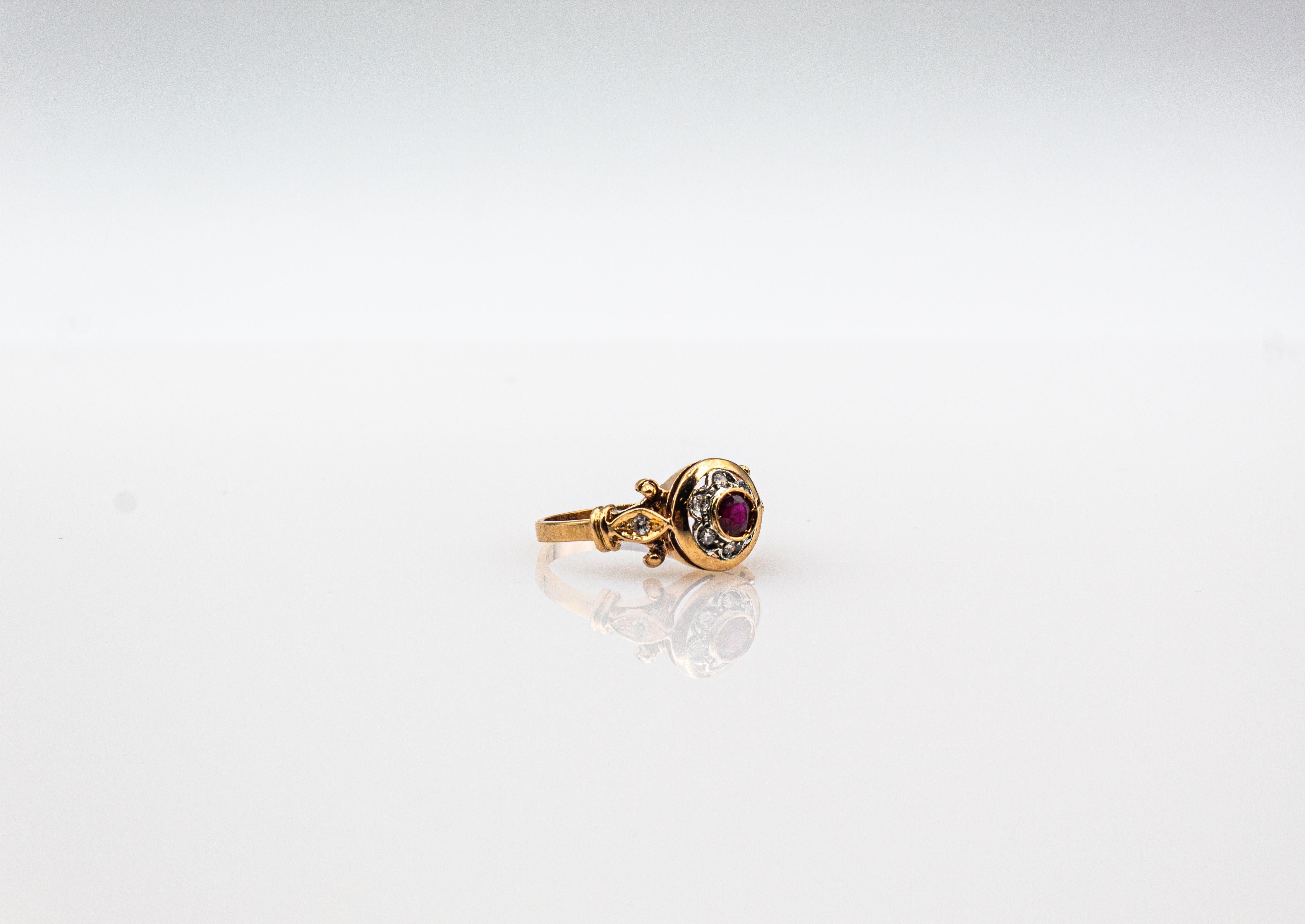 Art Deco Style 0.40 Carat White Modern Round Cut Diamond Ruby Yellow Gold Ring For Sale 9