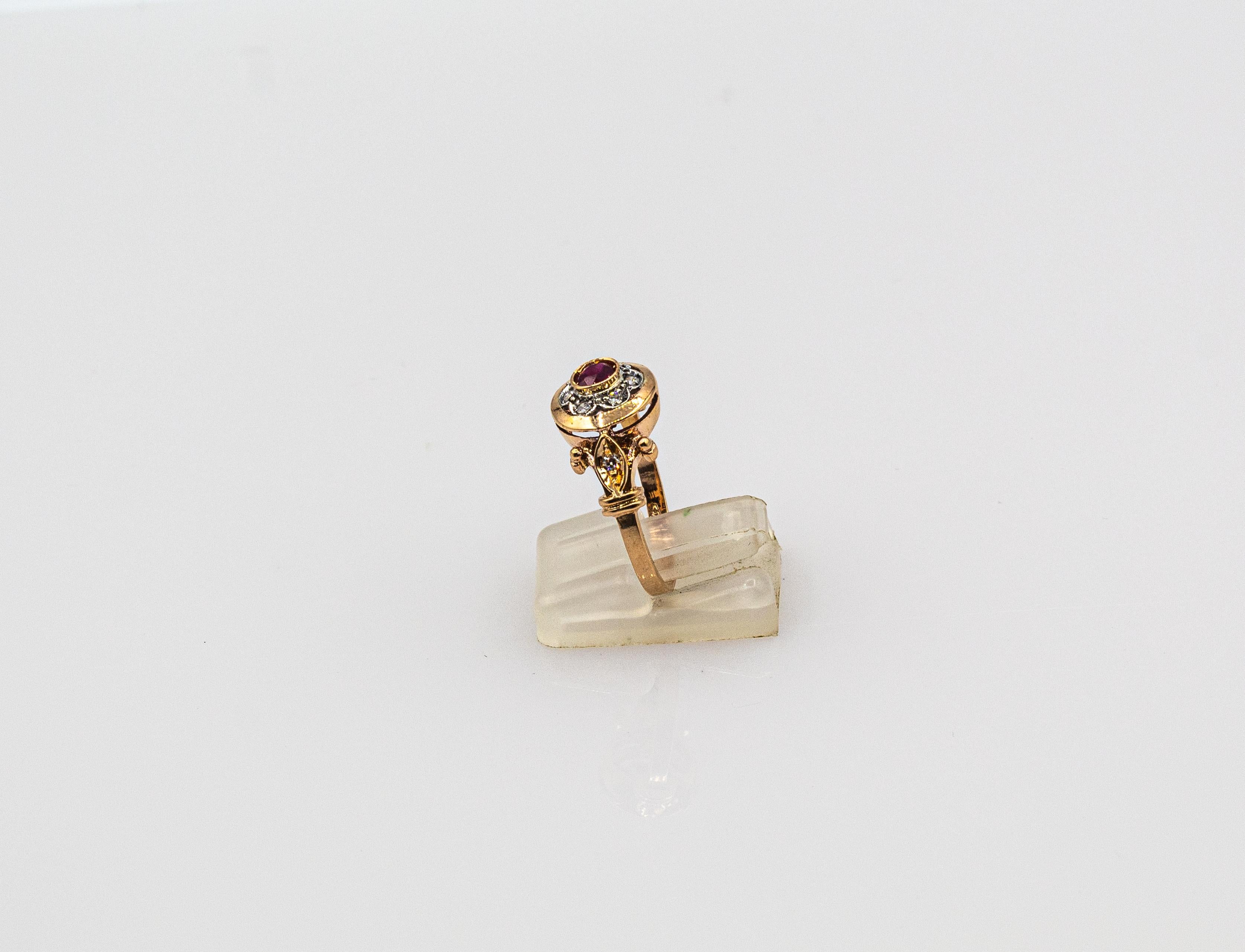 Art Deco Stil 0,40 Karat Weiß Modern Rundschliff Diamant Rubin Gelbgold Ring im Zustand „Neu“ im Angebot in Naples, IT