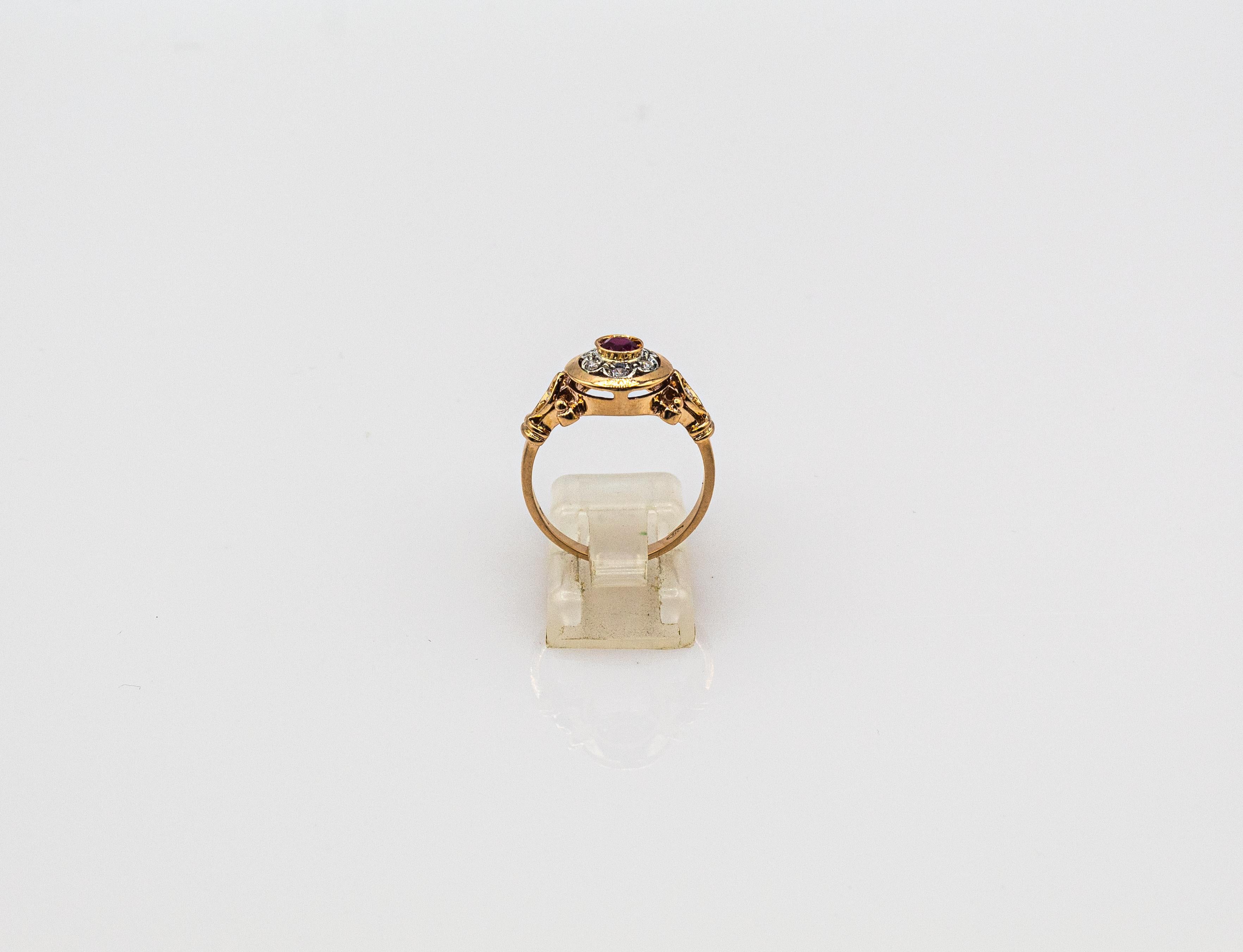 Art Deco Stil 0,40 Karat Weiß Modern Rundschliff Diamant Rubin Gelbgold Ring für Damen oder Herren im Angebot