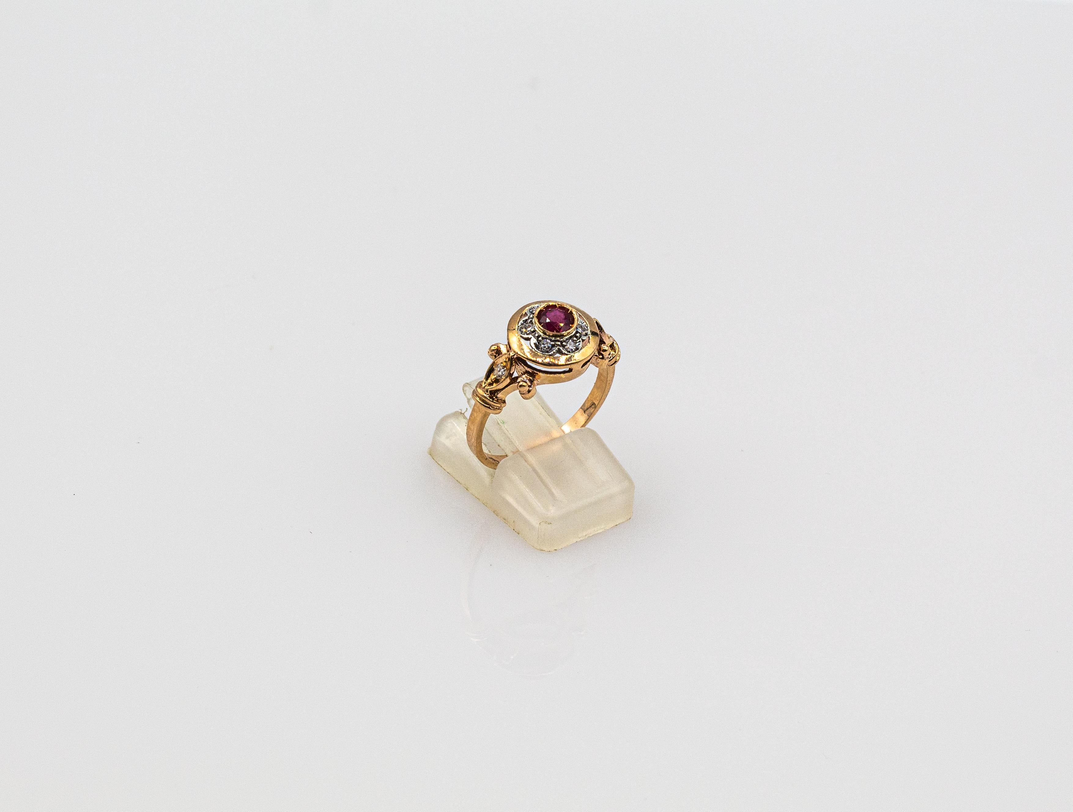 Art Deco Style 0.40 Carat White Modern Round Cut Diamond Ruby Yellow Gold Ring For Sale 2