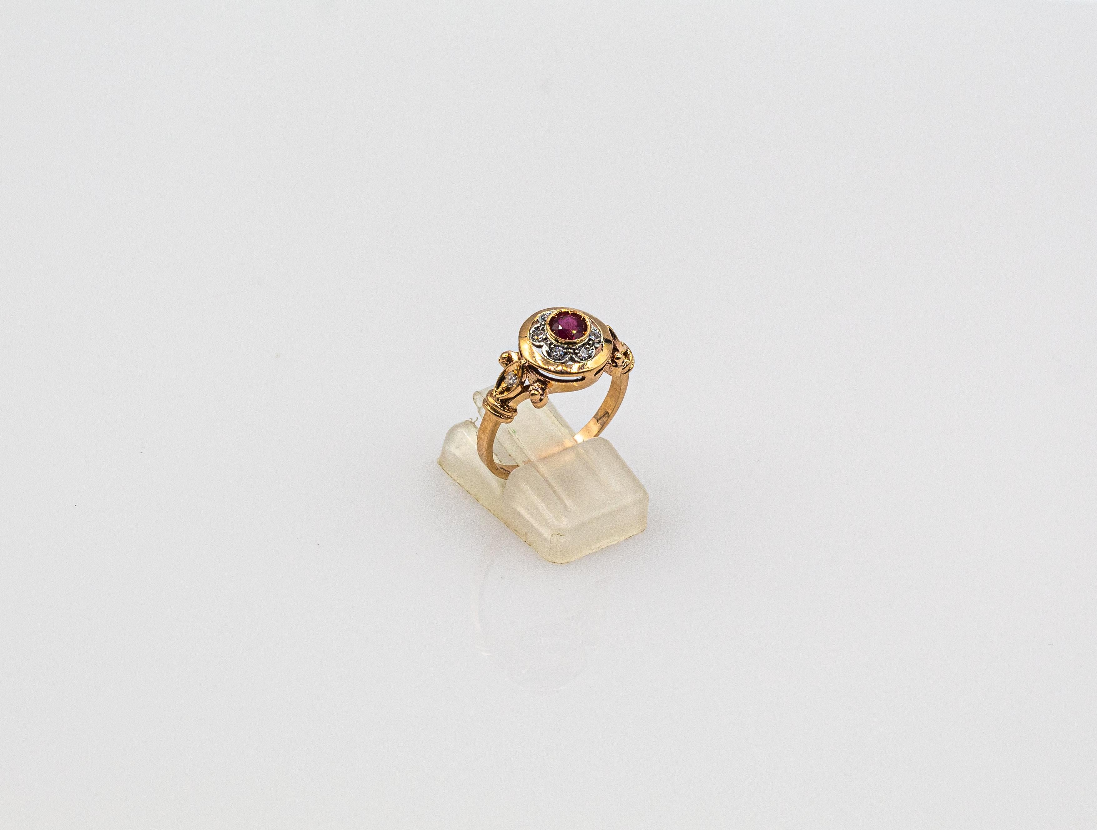 Art Deco Stil 0,40 Karat Weiß Modern Rundschliff Diamant Rubin Gelbgold Ring im Angebot 1