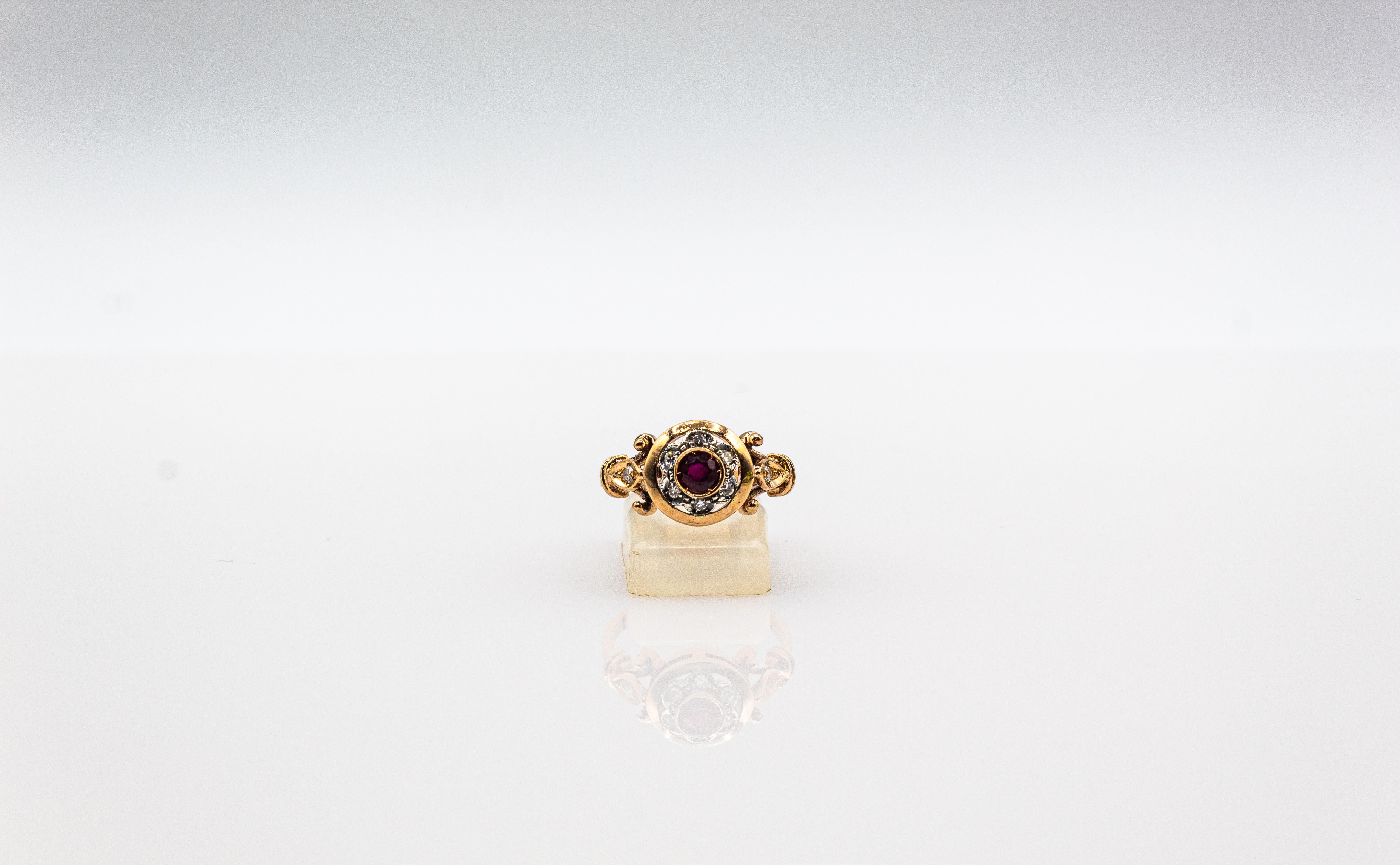 Art Deco Stil 0,40 Karat Weiß Modern Rundschliff Diamant Rubin Gelbgold Ring im Angebot 2