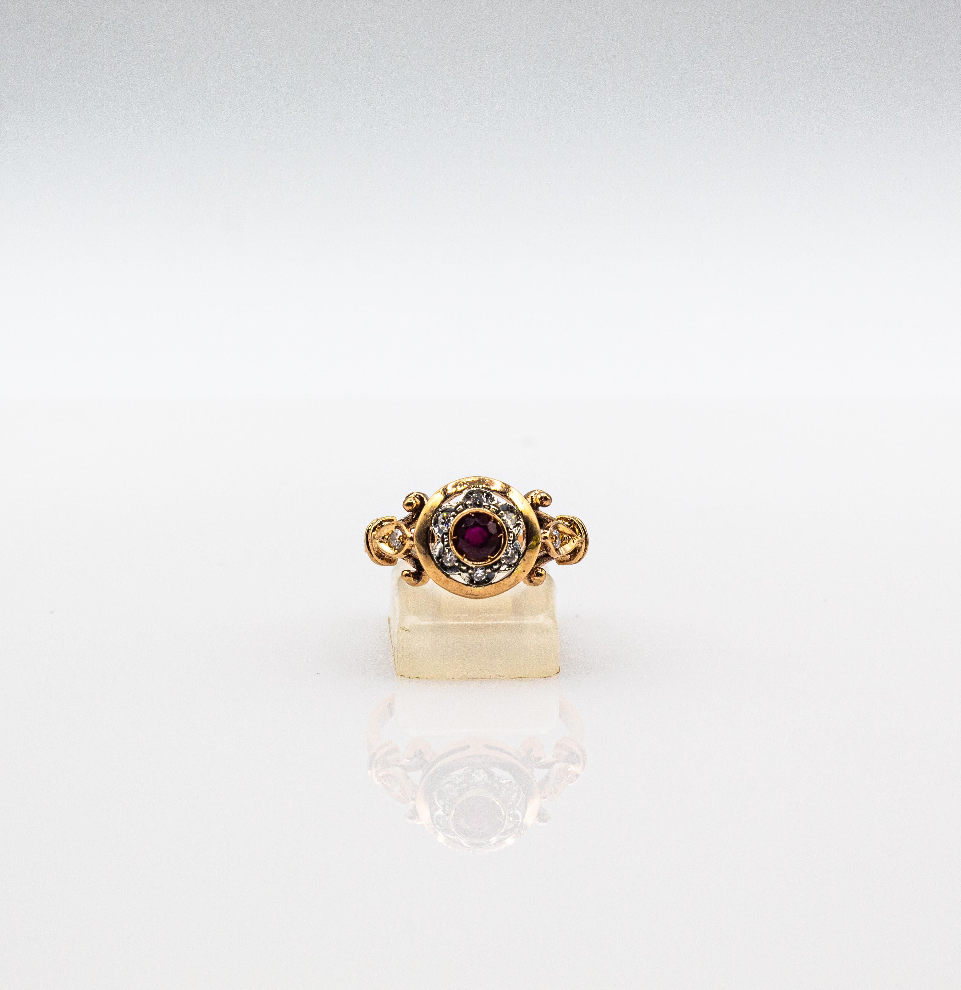 Art Deco Stil 0,40 Karat Weiß Modern Rundschliff Diamant Rubin Gelbgold Ring im Angebot 3
