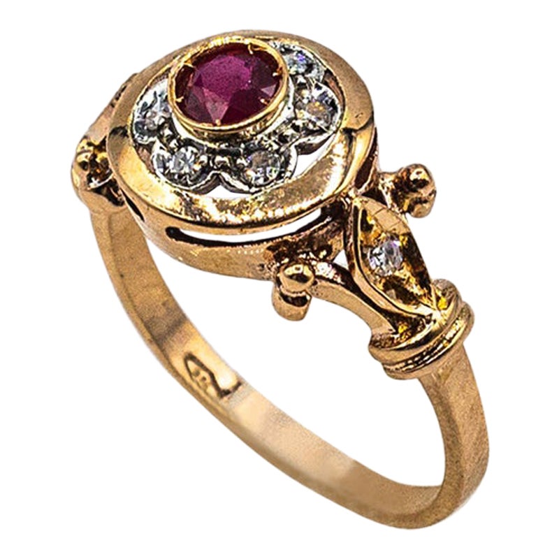 Art Deco Style 0.40 Carat White Modern Round Cut Diamond Ruby Yellow Gold Ring