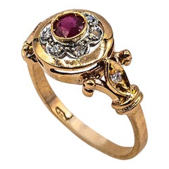 Art Deco Style 0.40 Carat White Modern Round Cut Diamond Ruby Yellow Gold Ring