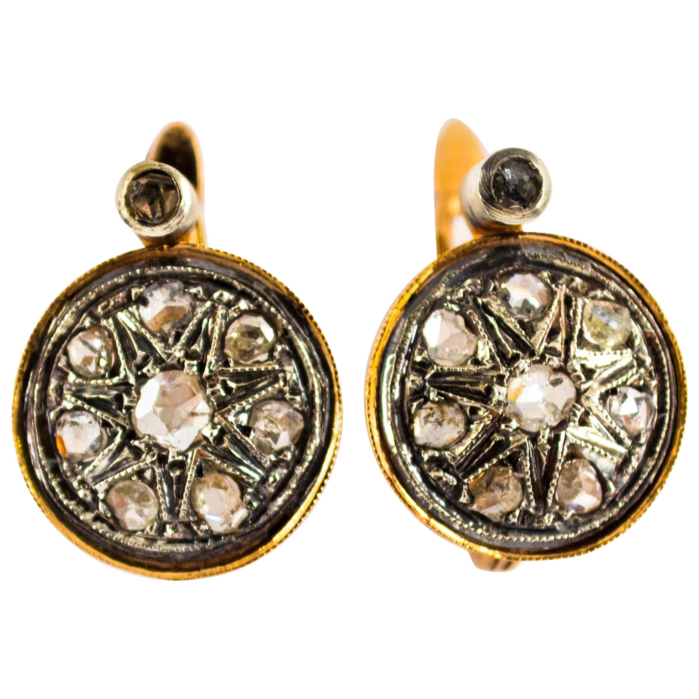 Art Deco Style 0.40 Carat White Rose Cut Diamond Yellow Gold Lever Back Earrings For Sale