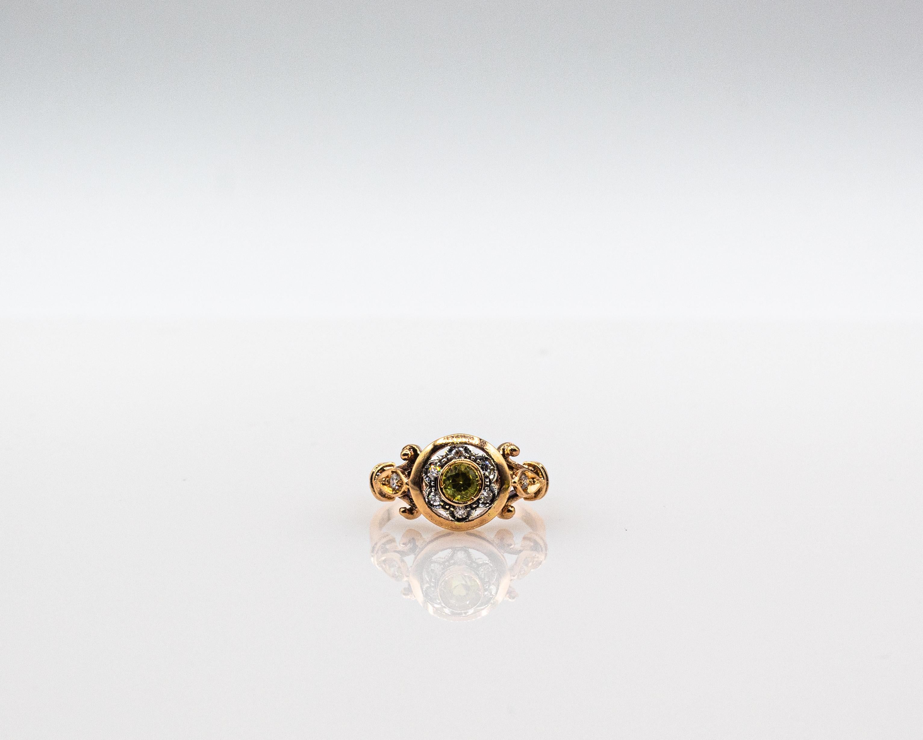 Bague en or jaune style art déco 0,40 carat diamant blanc taille ronde péridot en vente 9