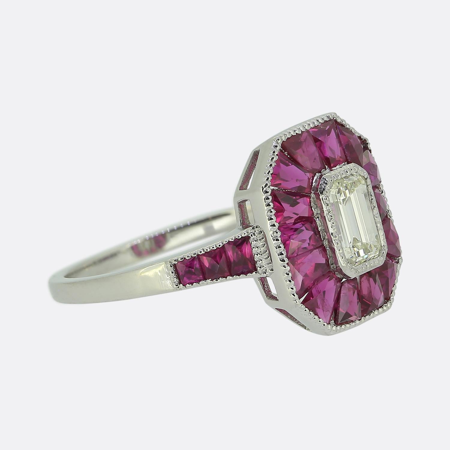 Art Deco Style 0.45 Carat Emerald Cut Diamond and Ruby Ring In Good Condition For Sale In London, GB