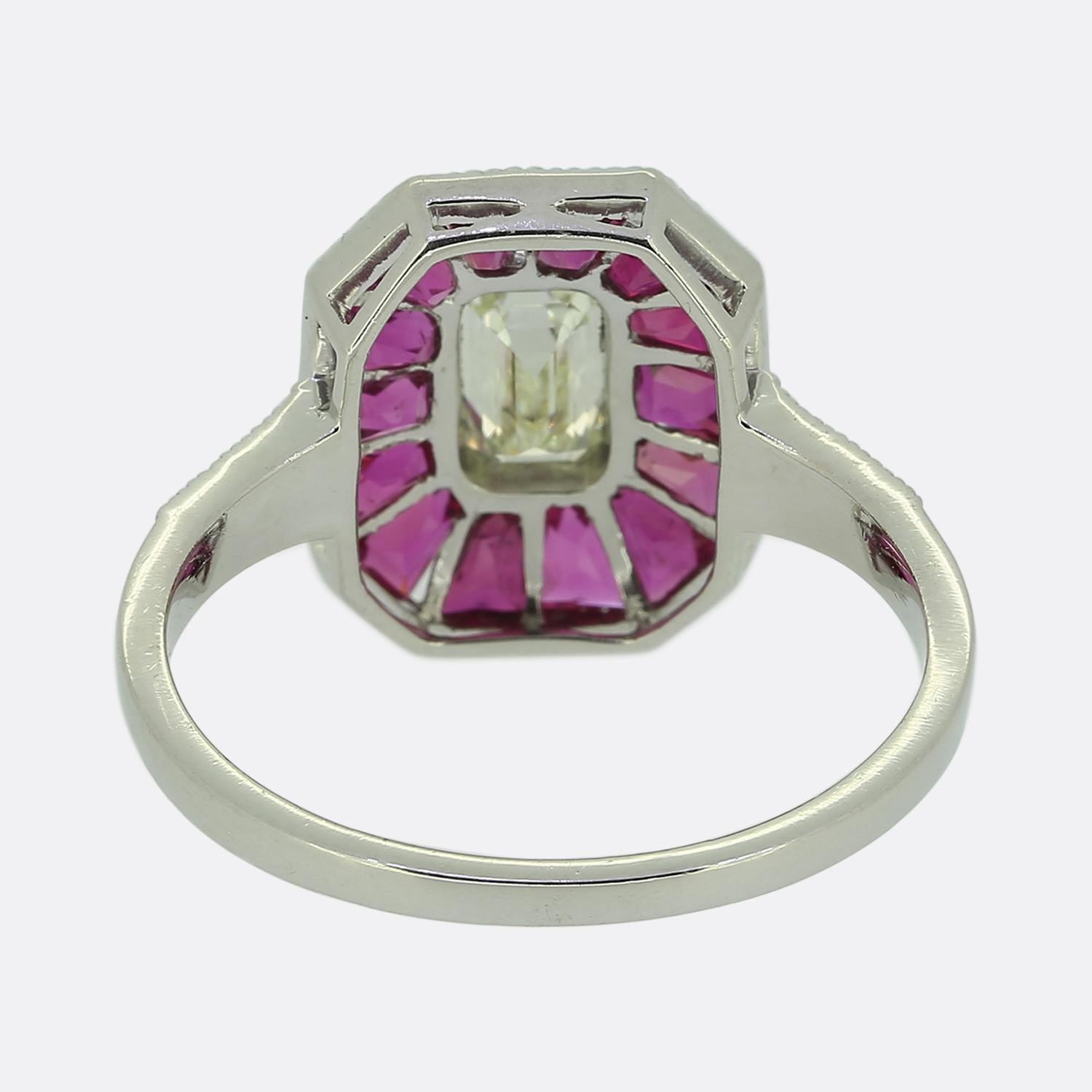 Women's Art Deco Style 0.45 Carat Emerald Cut Diamond and Ruby Ring For Sale
