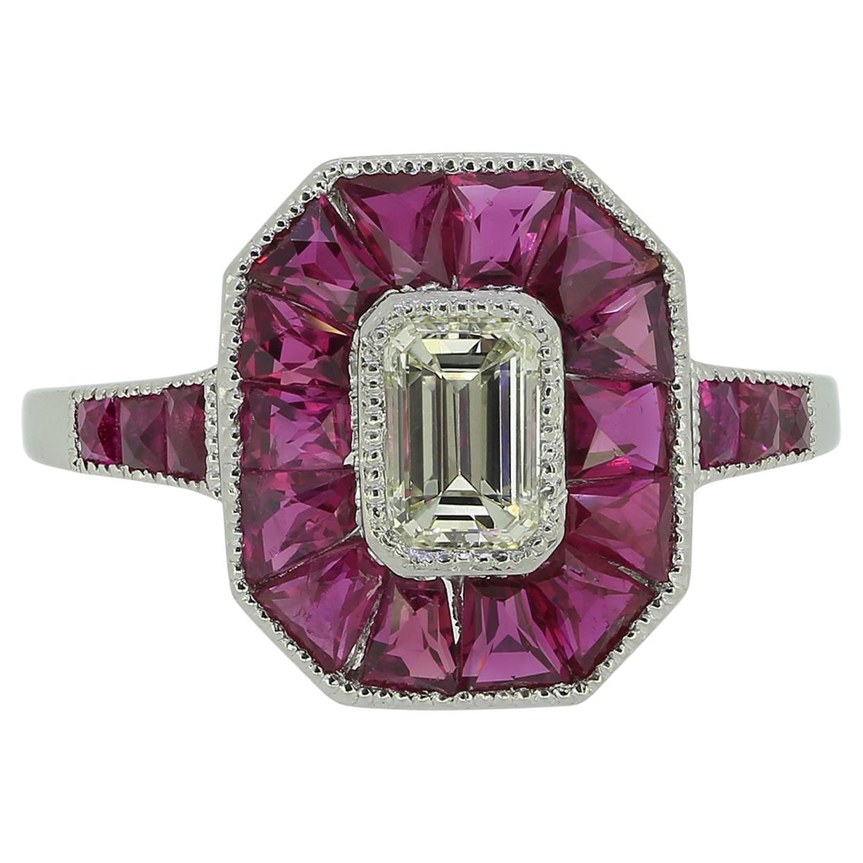 Art Deco Style 0.45 Carat Emerald Cut Diamond and Ruby Ring For Sale