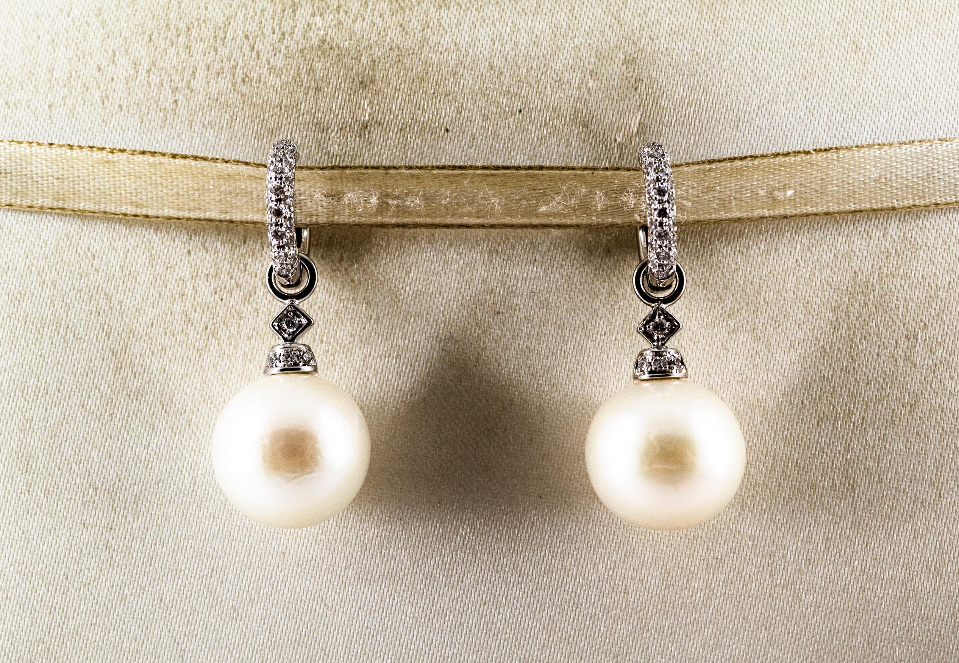 Art Deco Style 0.45 Carat White Brilliant Cut Diamond Pearl White Gold Earrings In New Condition In Naples, IT
