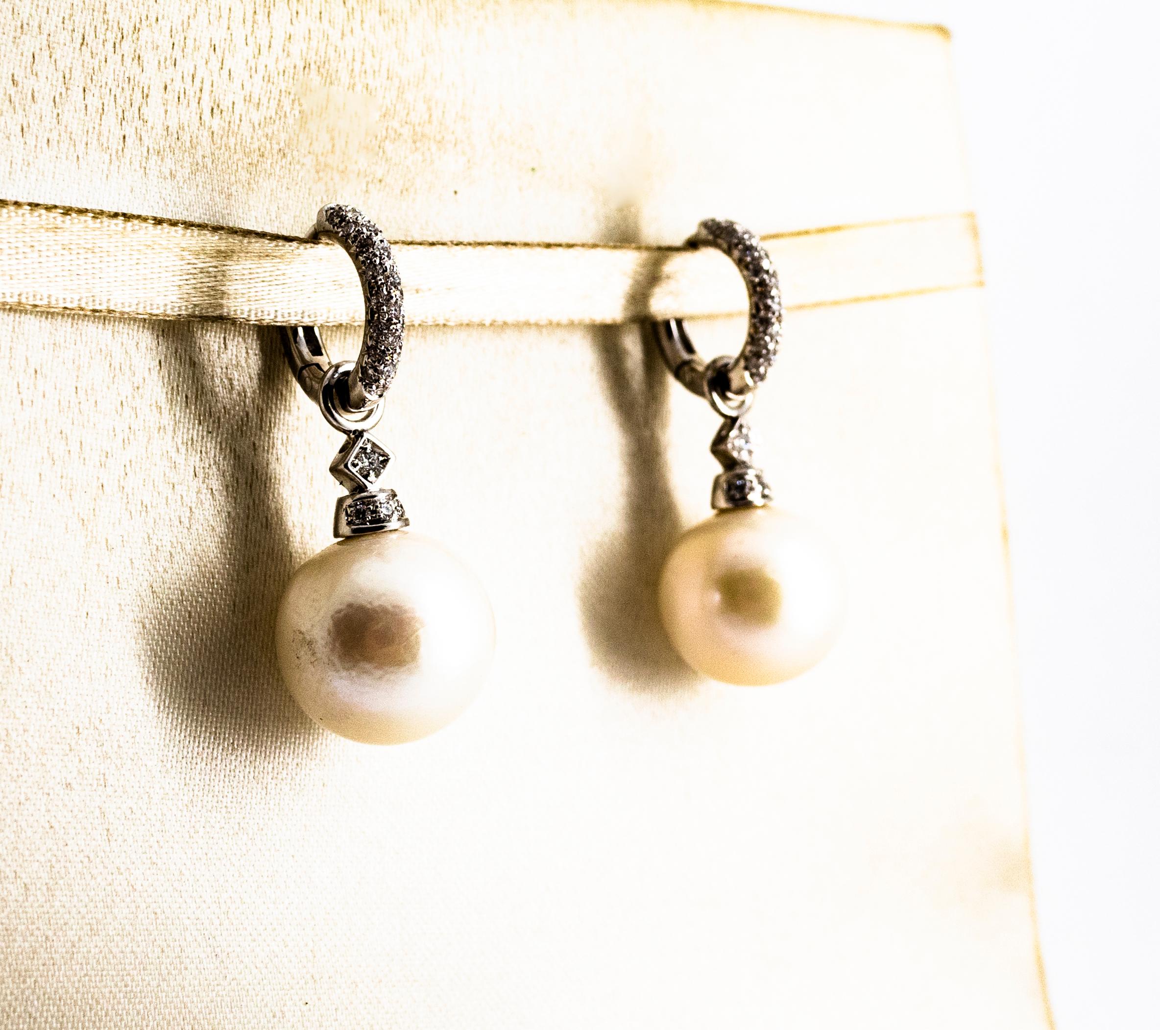 Women's or Men's Art Deco Style 0.45 Carat White Brilliant Cut Diamond Pearl White Gold Earrings