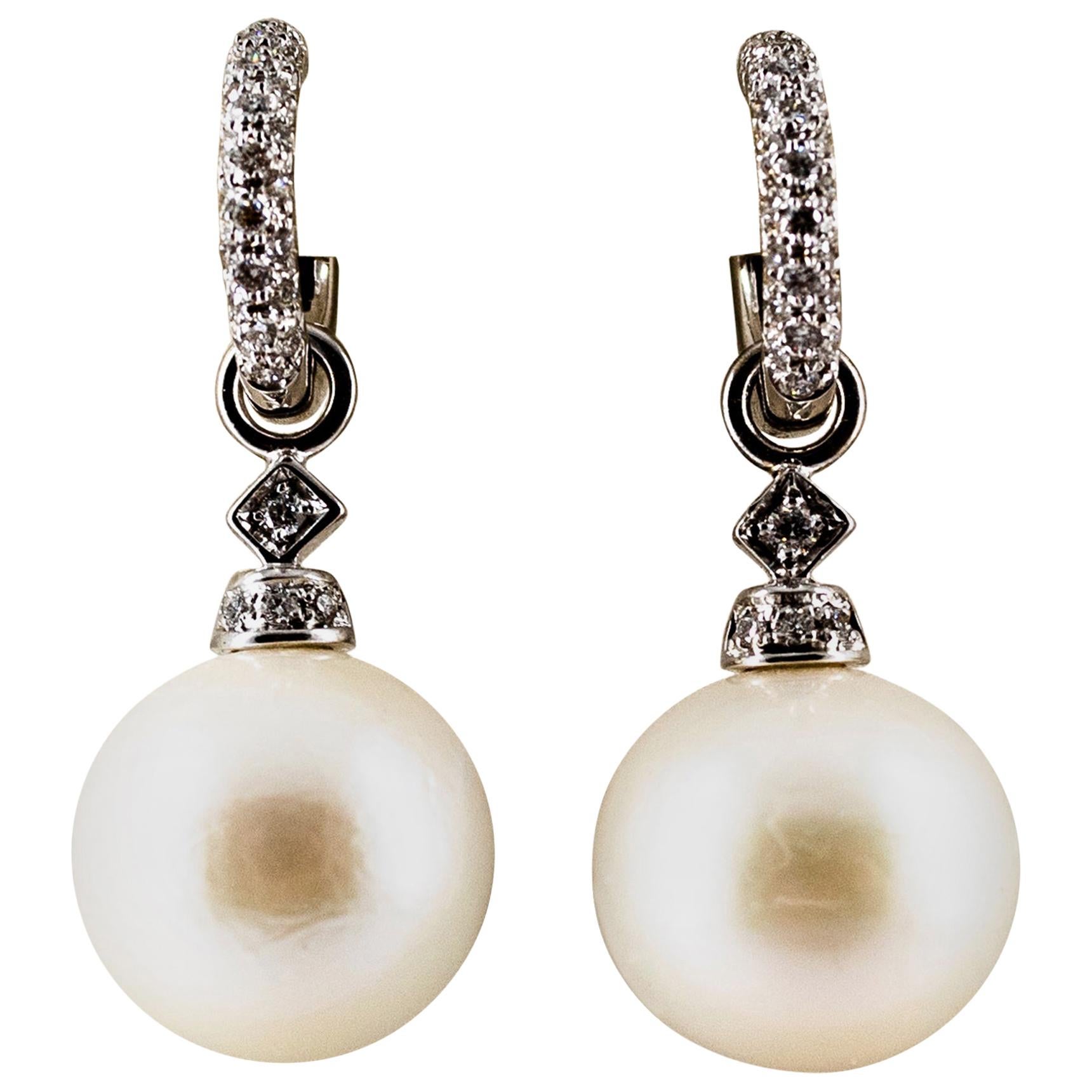 Art Deco Style 0.45 Carat White Brilliant Cut Diamond Pearl White Gold Earrings For Sale