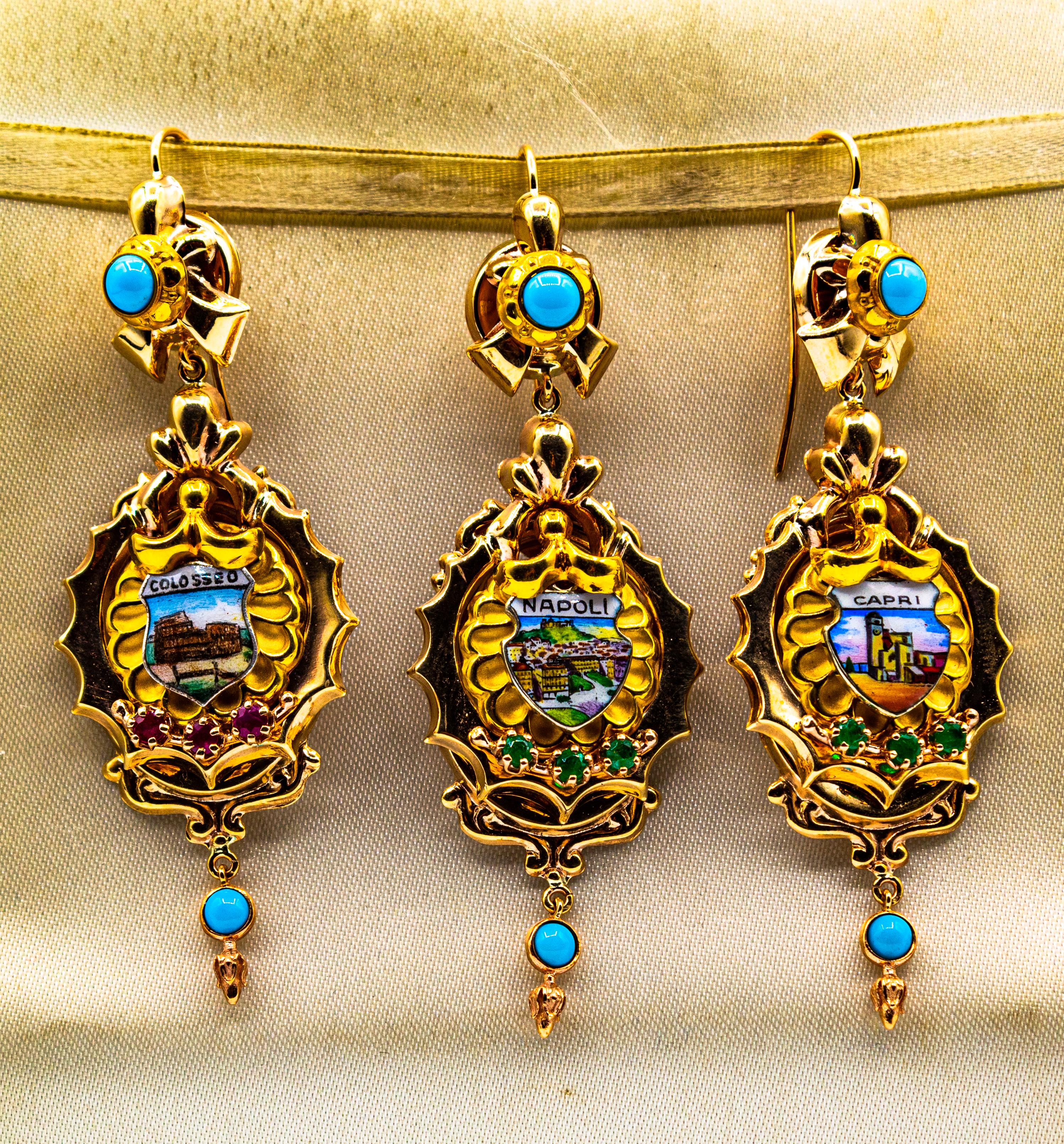 Art Deco Style 0.50 Carat Emerald Turquoise Enamel Yellow Gold Drop Earrings 5