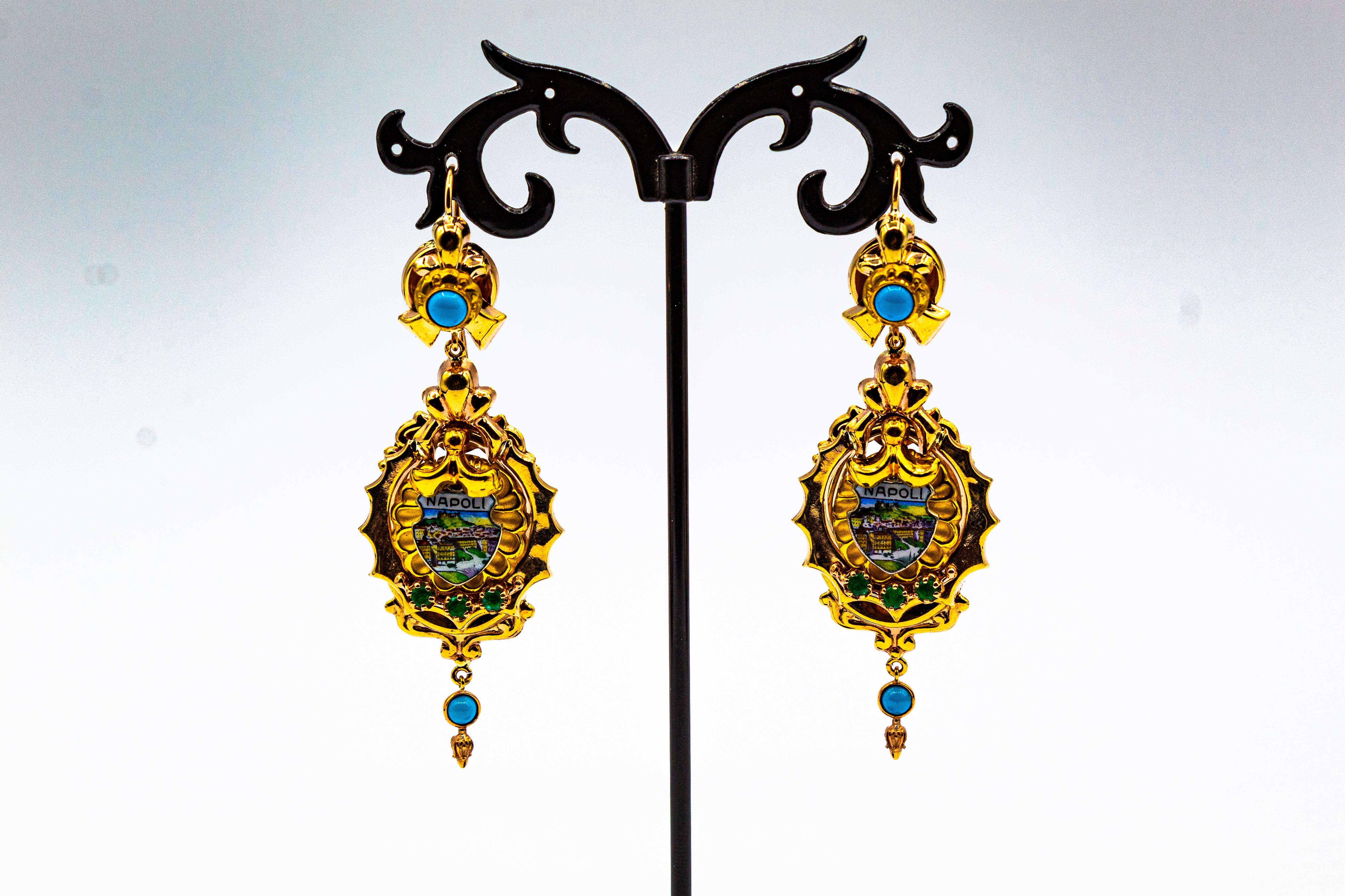 Art Deco Style 0.50 Carat Emerald Turquoise Enamel Yellow Gold Drop Earrings 6