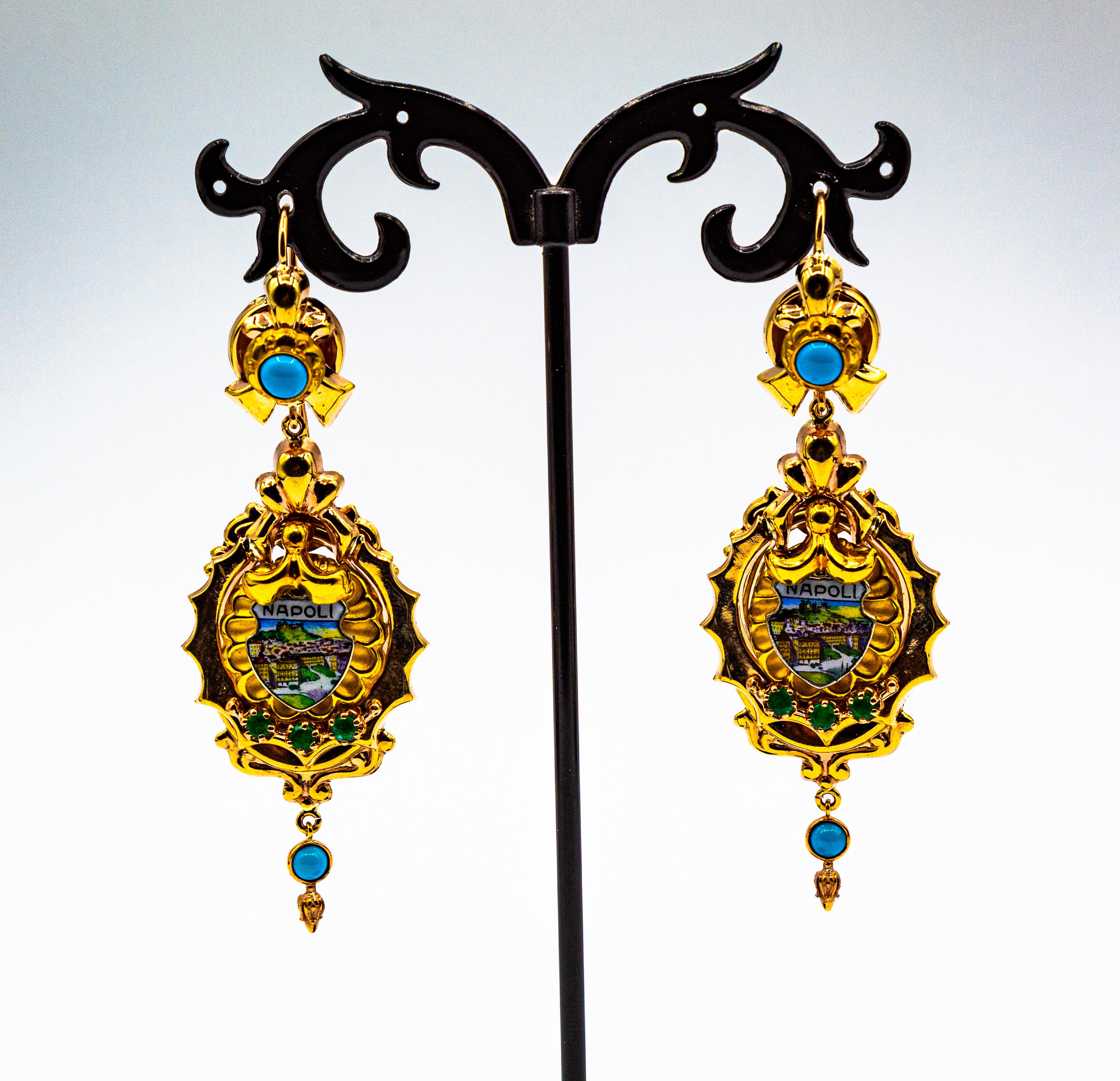 Boucles d'oreilles en goutte en or jaune de style Art déco avec émeraude, turquoise et émail de 0,50 carat en vente 7