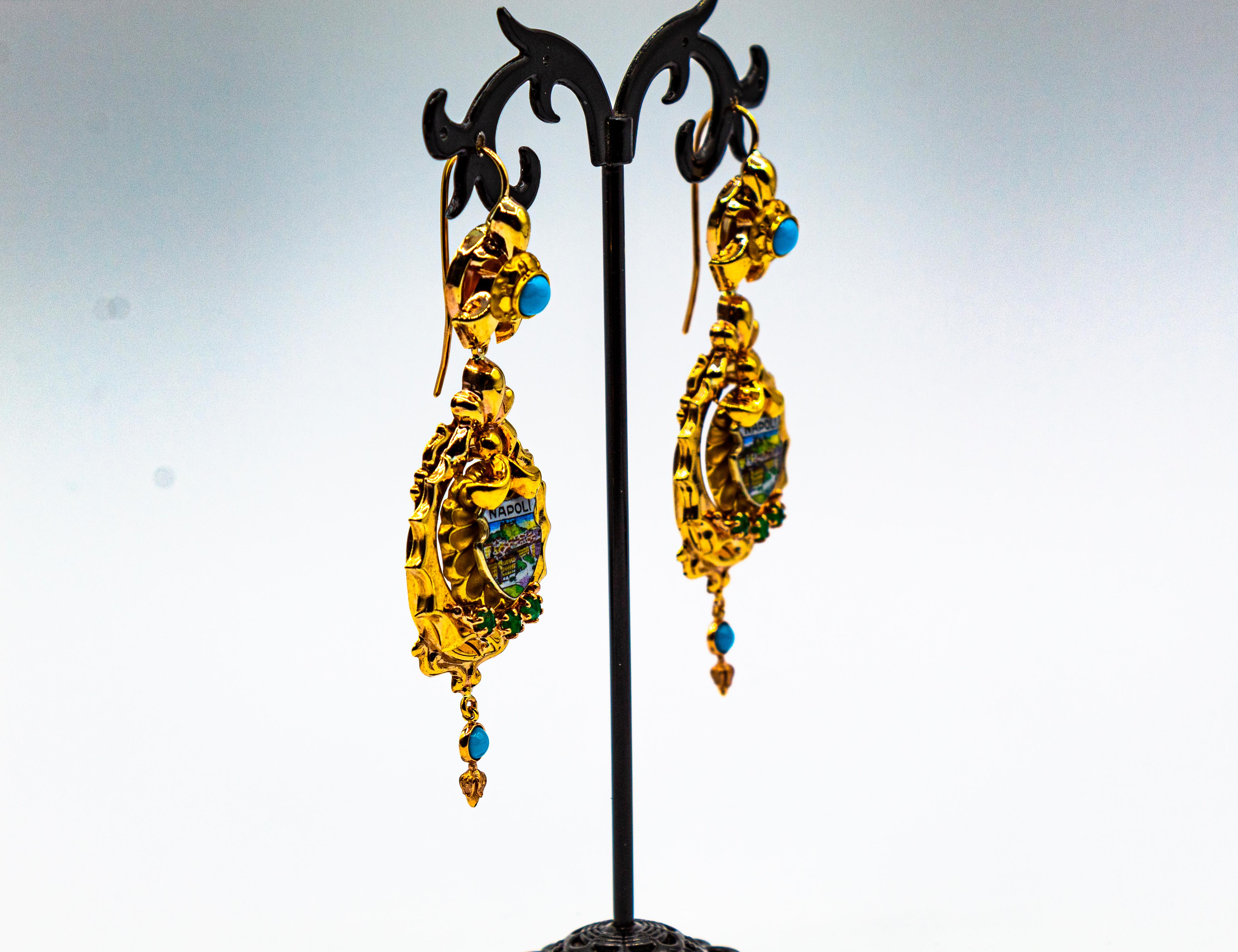 Art Deco Style 0.50 Carat Emerald Turquoise Enamel Yellow Gold Drop Earrings For Sale 8
