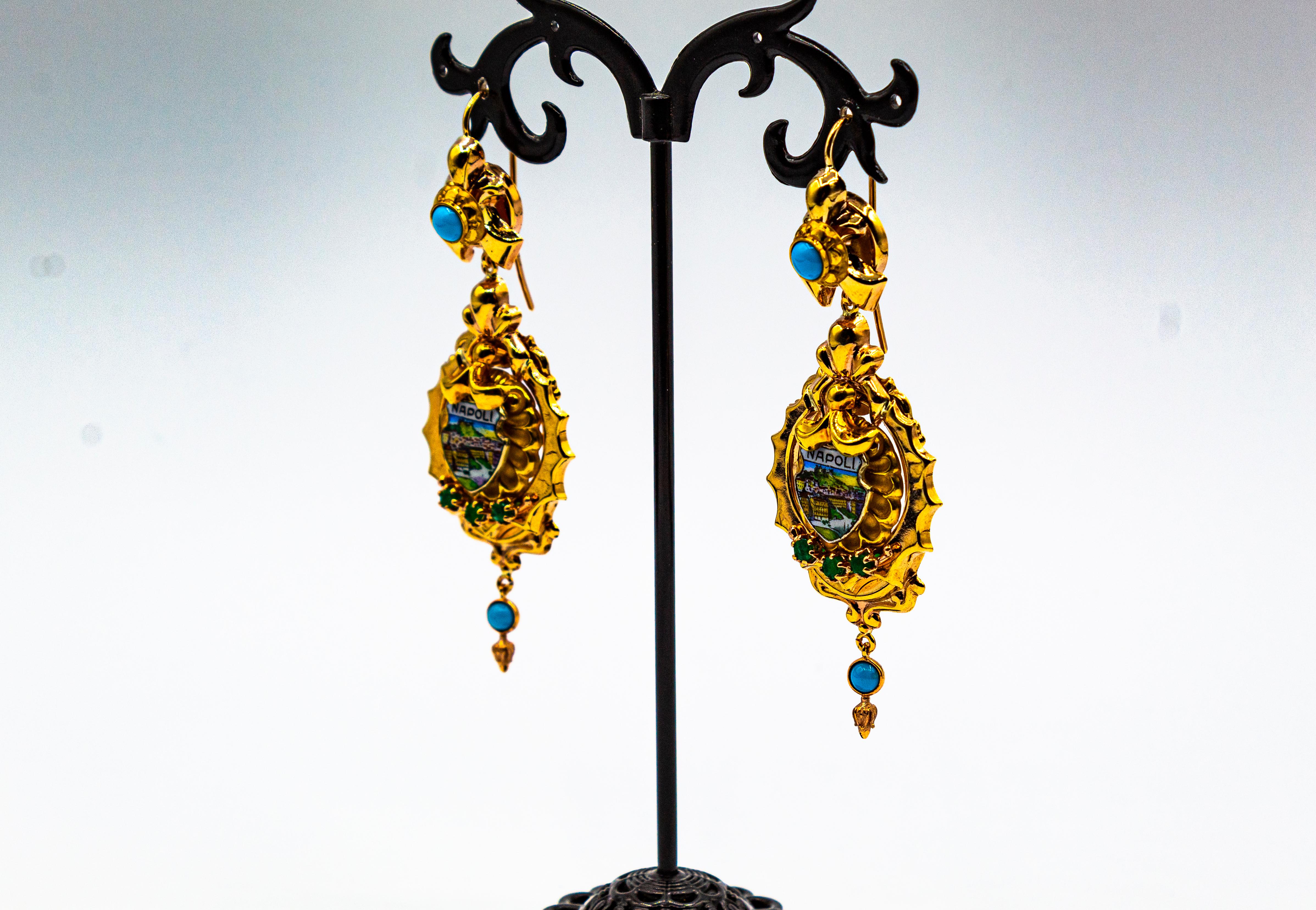 Boucles d'oreilles en goutte en or jaune de style Art déco avec émeraude, turquoise et émail de 0,50 carat en vente 10