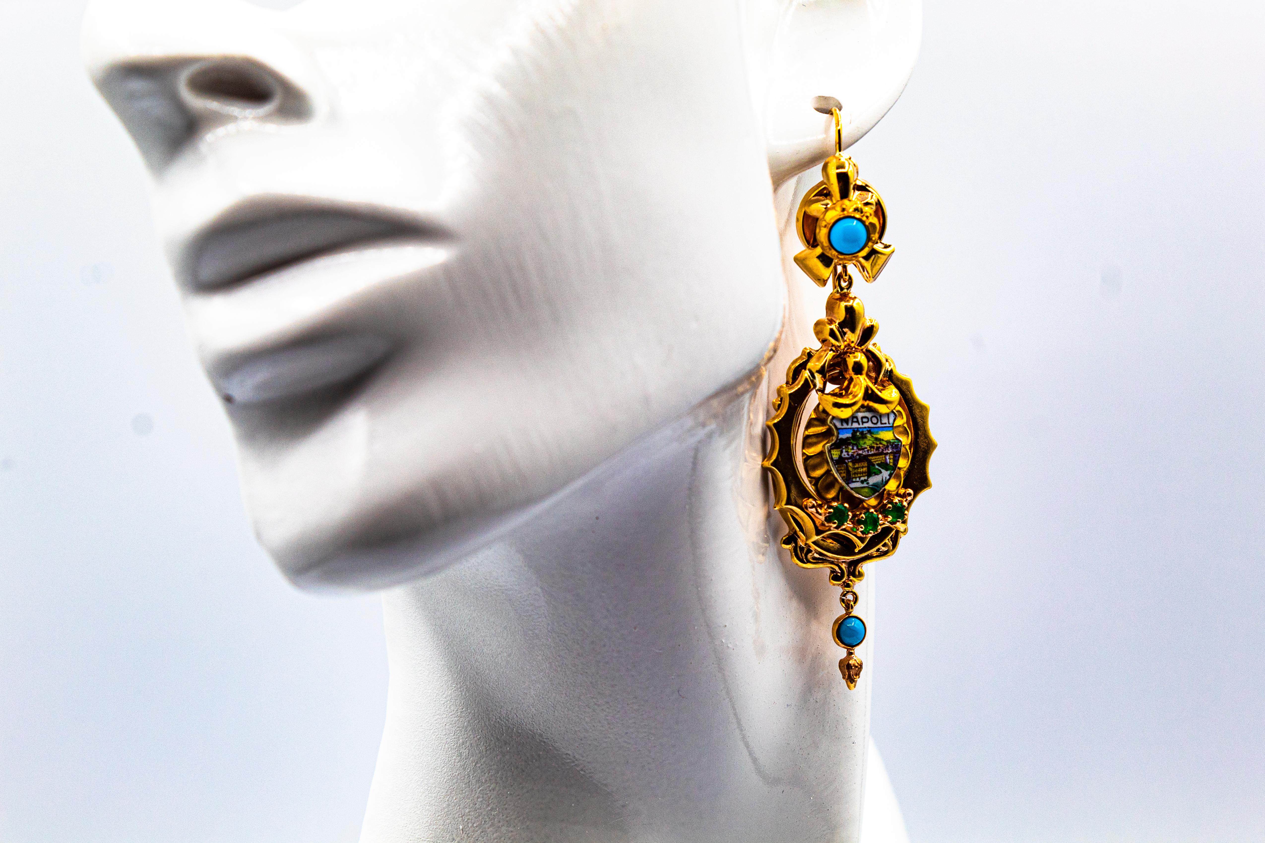 Art Deco Style 0.50 Carat Emerald Turquoise Enamel Yellow Gold Drop Earrings 12