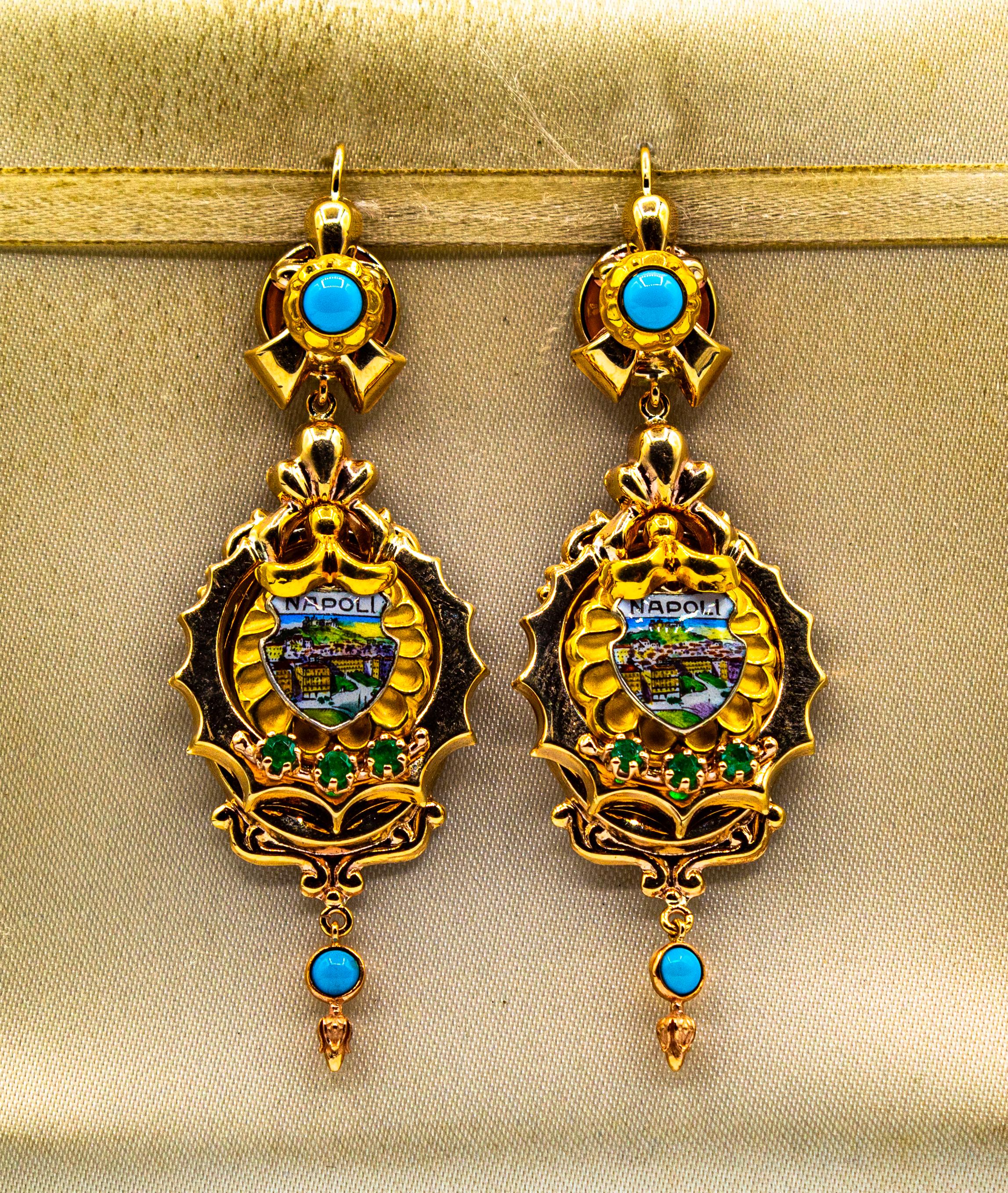 Brilliant Cut Art Deco Style 0.50 Carat Emerald Turquoise Enamel Yellow Gold Drop Earrings
