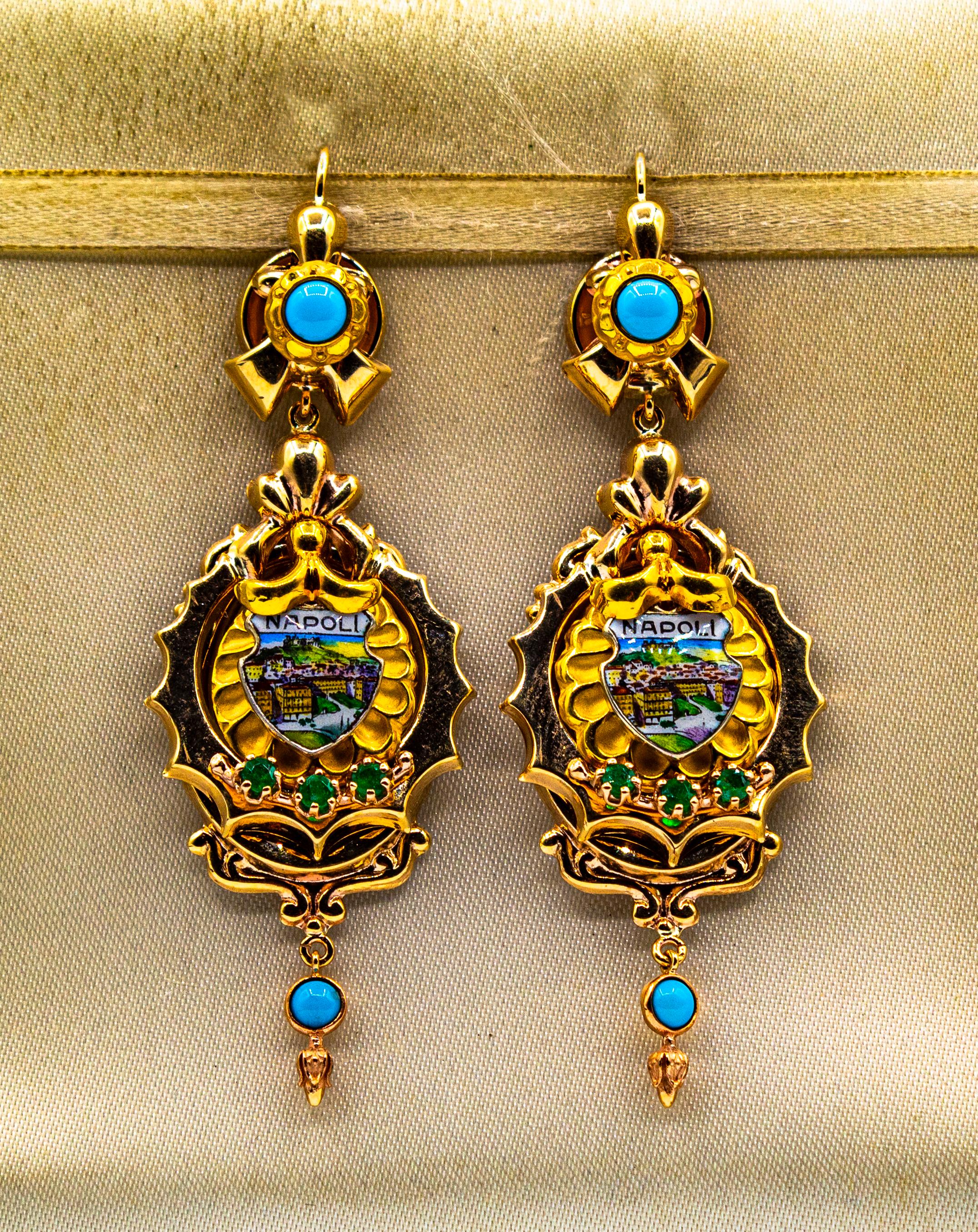 Art Deco Style 0.50 Carat Emerald Turquoise Enamel Yellow Gold Drop Earrings In New Condition In Naples, IT