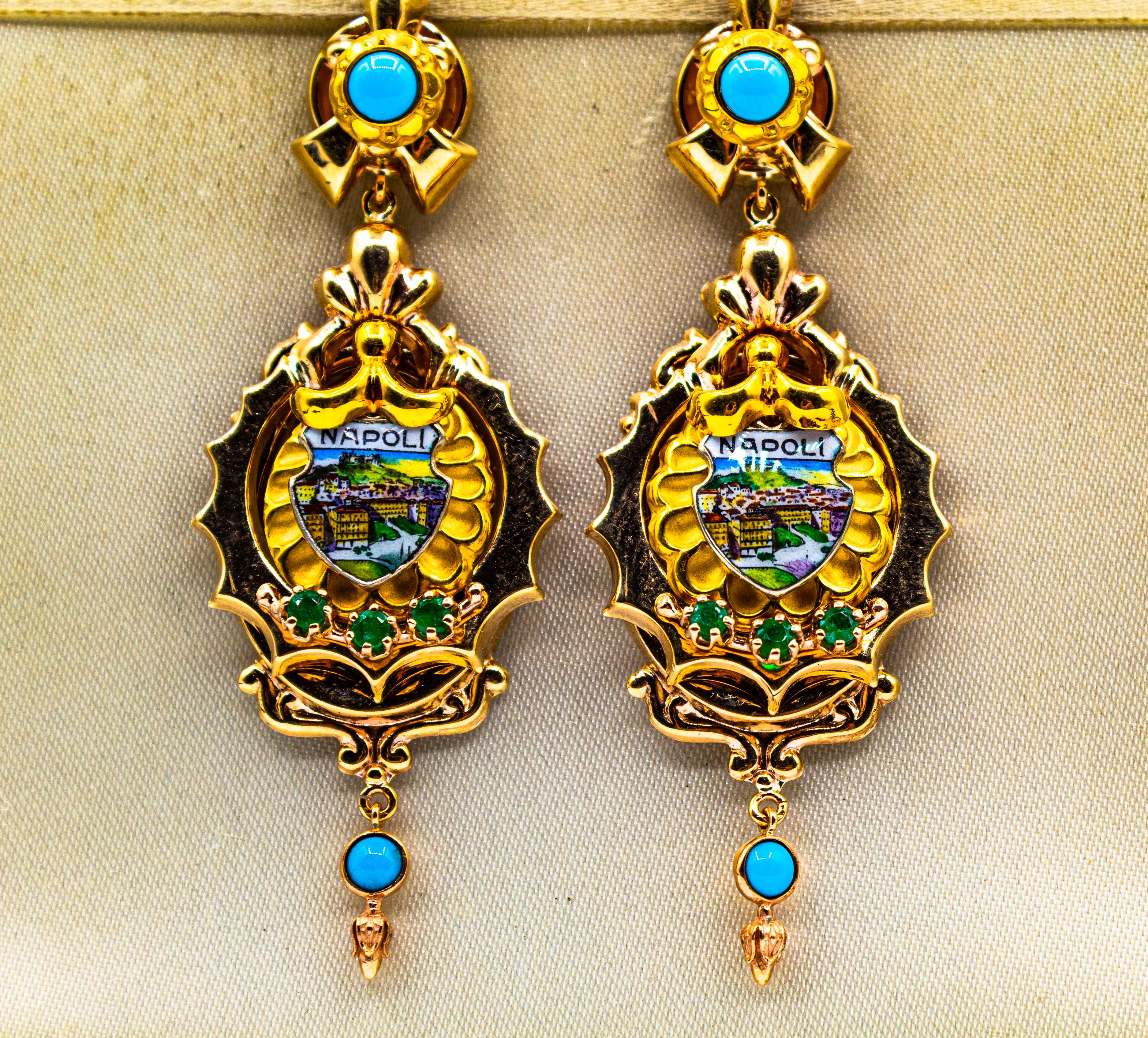 Women's or Men's Art Deco Style 0.50 Carat Emerald Turquoise Enamel Yellow Gold Drop Earrings For Sale