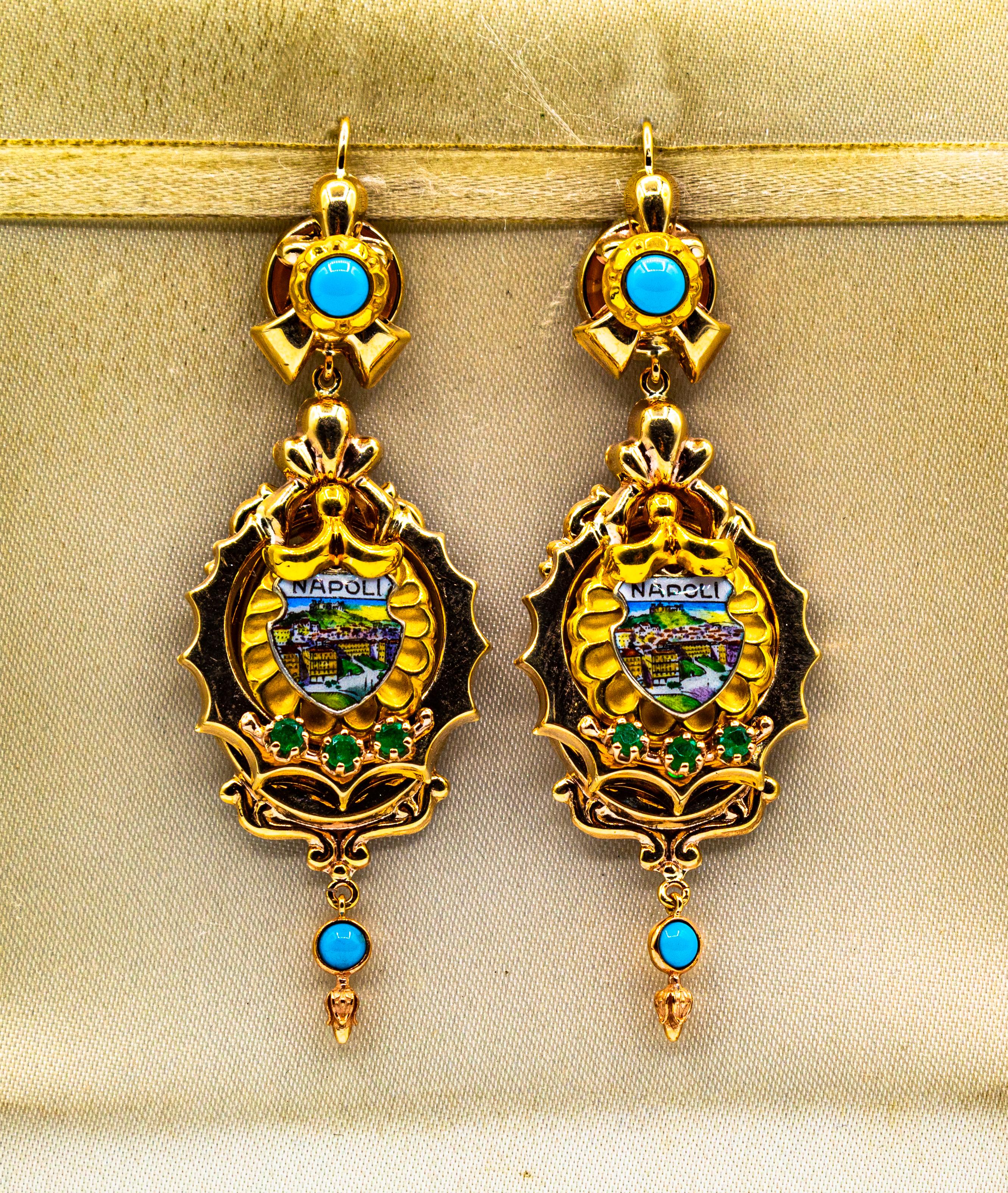Boucles d'oreilles en goutte en or jaune de style Art déco avec émeraude, turquoise et émail de 0,50 carat en vente 1