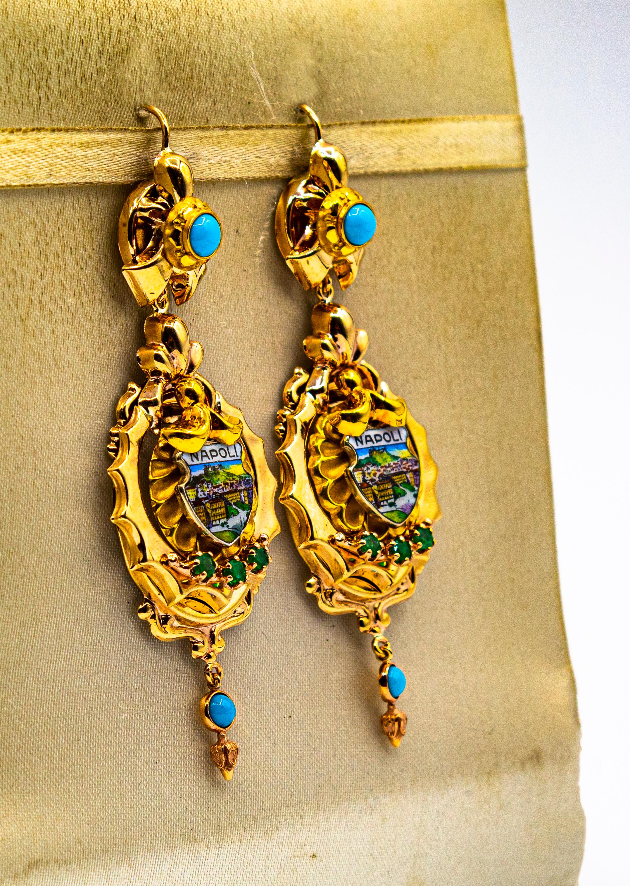 Art Deco Style 0.50 Carat Emerald Turquoise Enamel Yellow Gold Drop Earrings For Sale 2