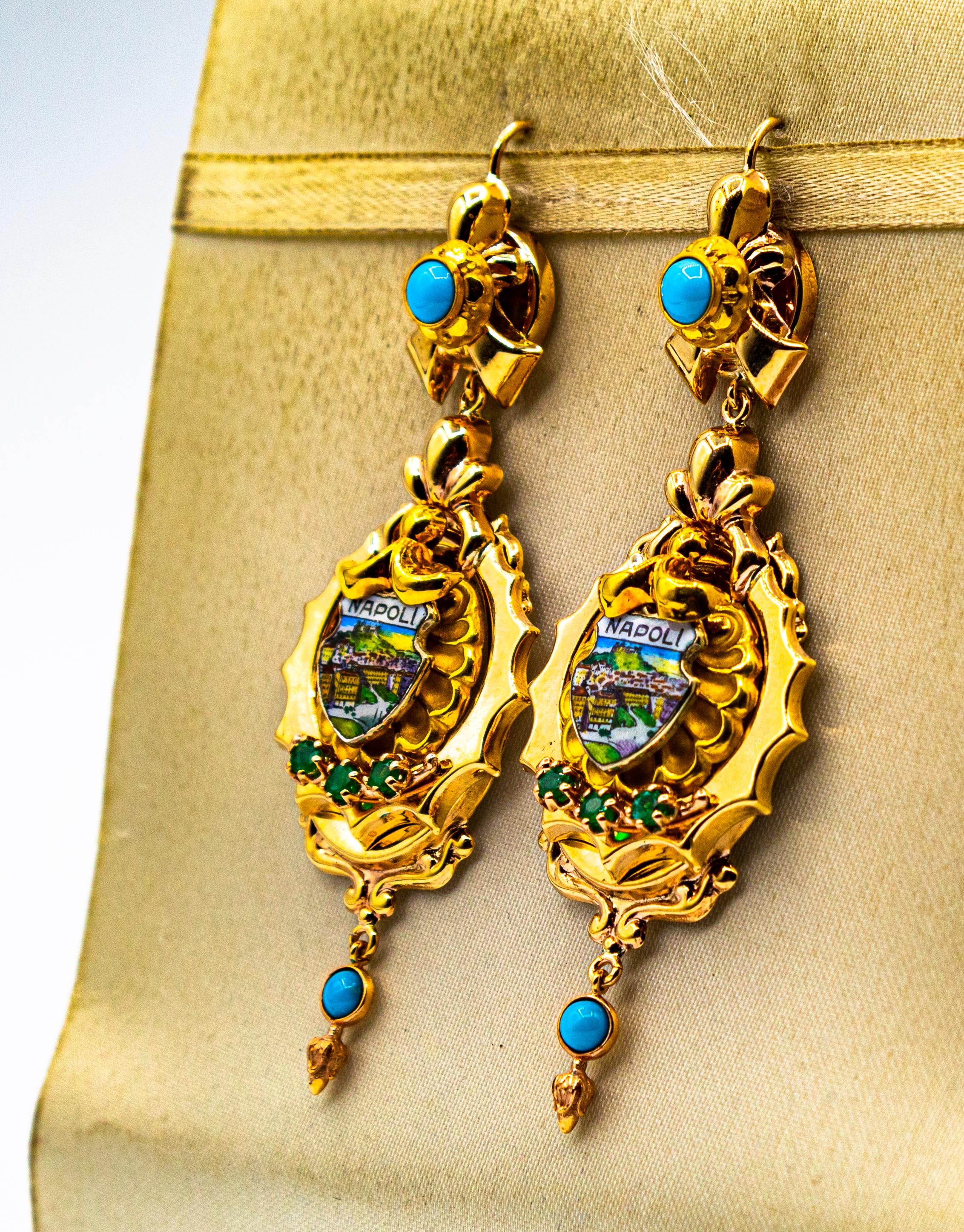 Art Deco Style 0.50 Carat Emerald Turquoise Enamel Yellow Gold Drop Earrings For Sale 3