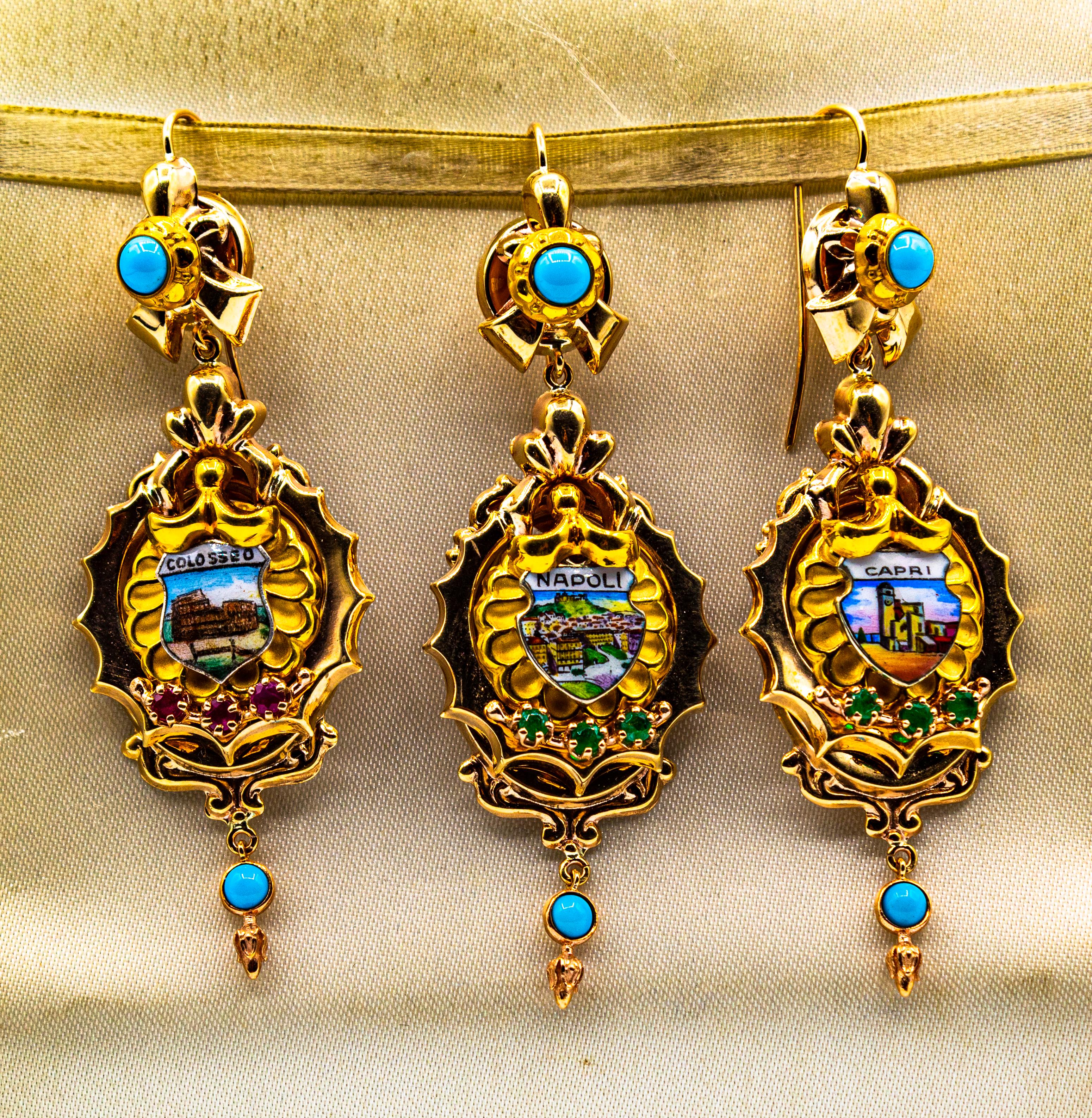 Art Deco Style 0.50 Carat Emerald Turquoise Enamel Yellow Gold Drop Earrings For Sale 4