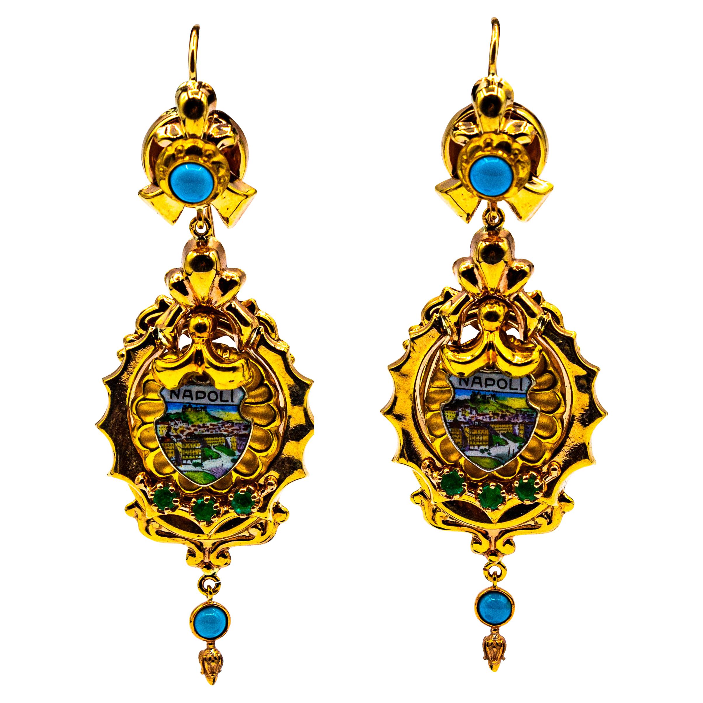 Art Deco Style 0.50 Carat Emerald Turquoise Enamel Yellow Gold Drop Earrings