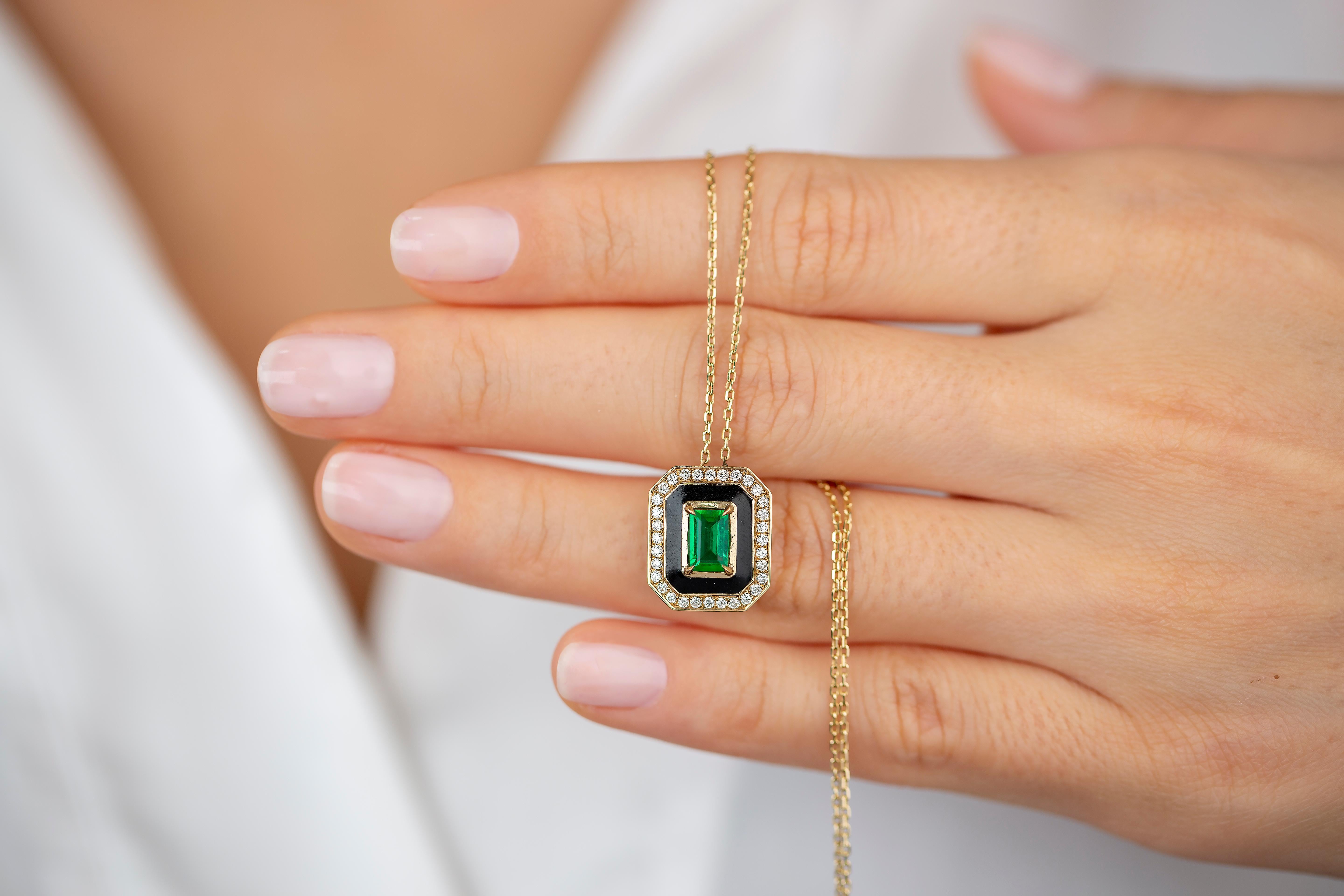 Women's Art Deco Style 0.55 Ct Emerald 14K Gold Necklace