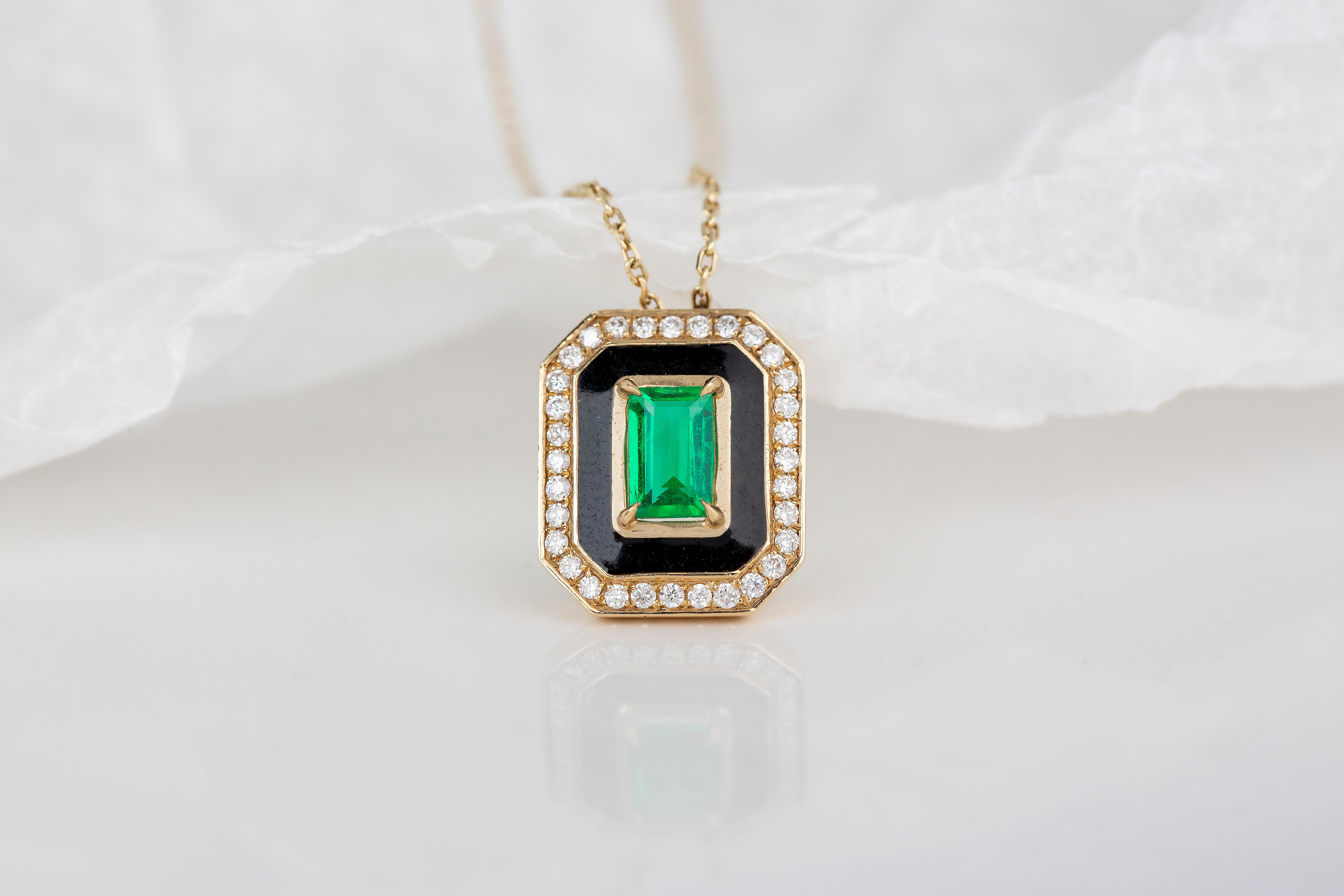 Art Deco Style 0.55 Ct Emerald 14K Gold Necklace 1