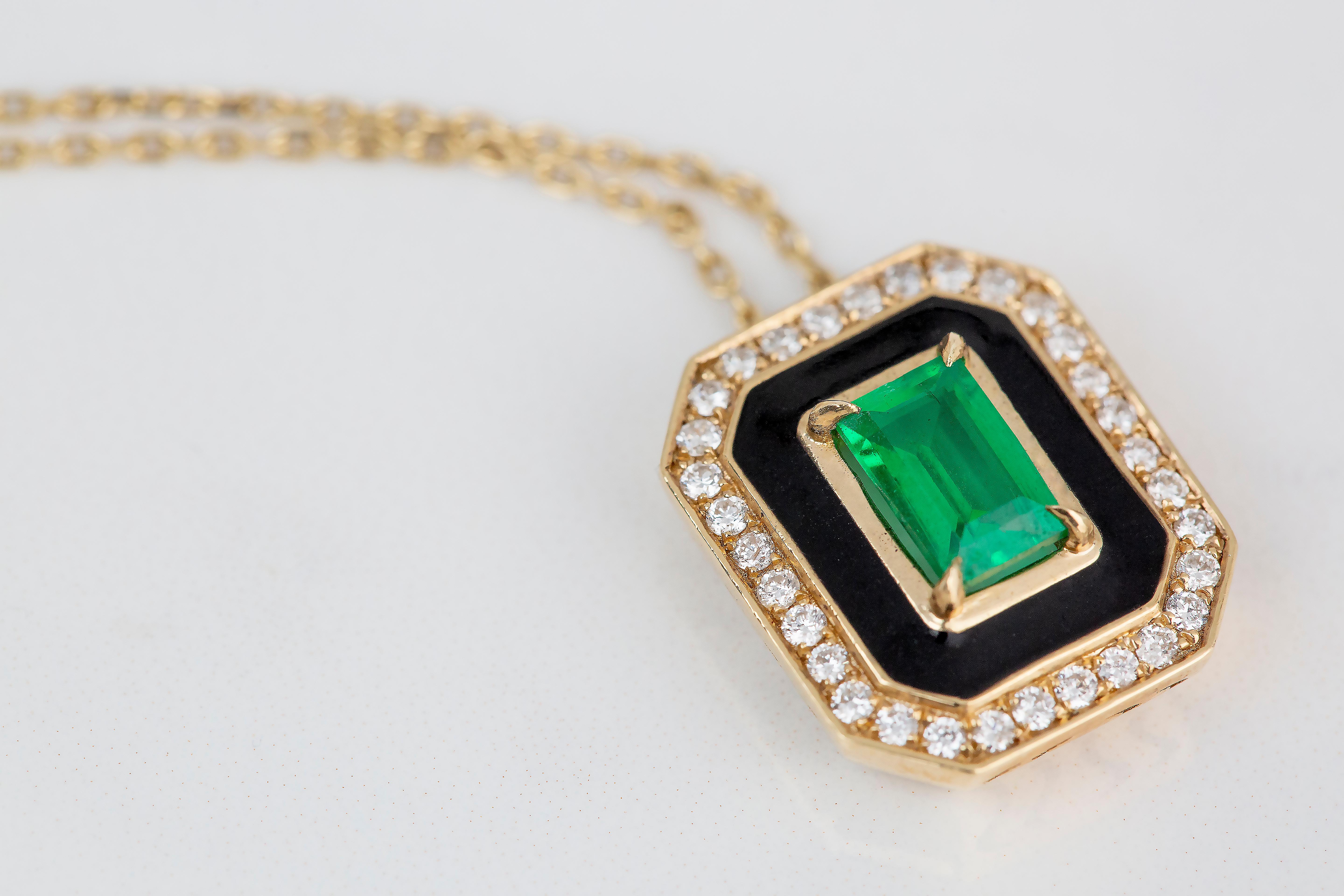 Art Deco Style 0.55 Ct Emerald 14K Gold Necklace 2