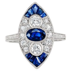 Art Deco Style 0.57 CT Center Sapphire, 1.20 TCW Diamond Platinum Cocktail Ring