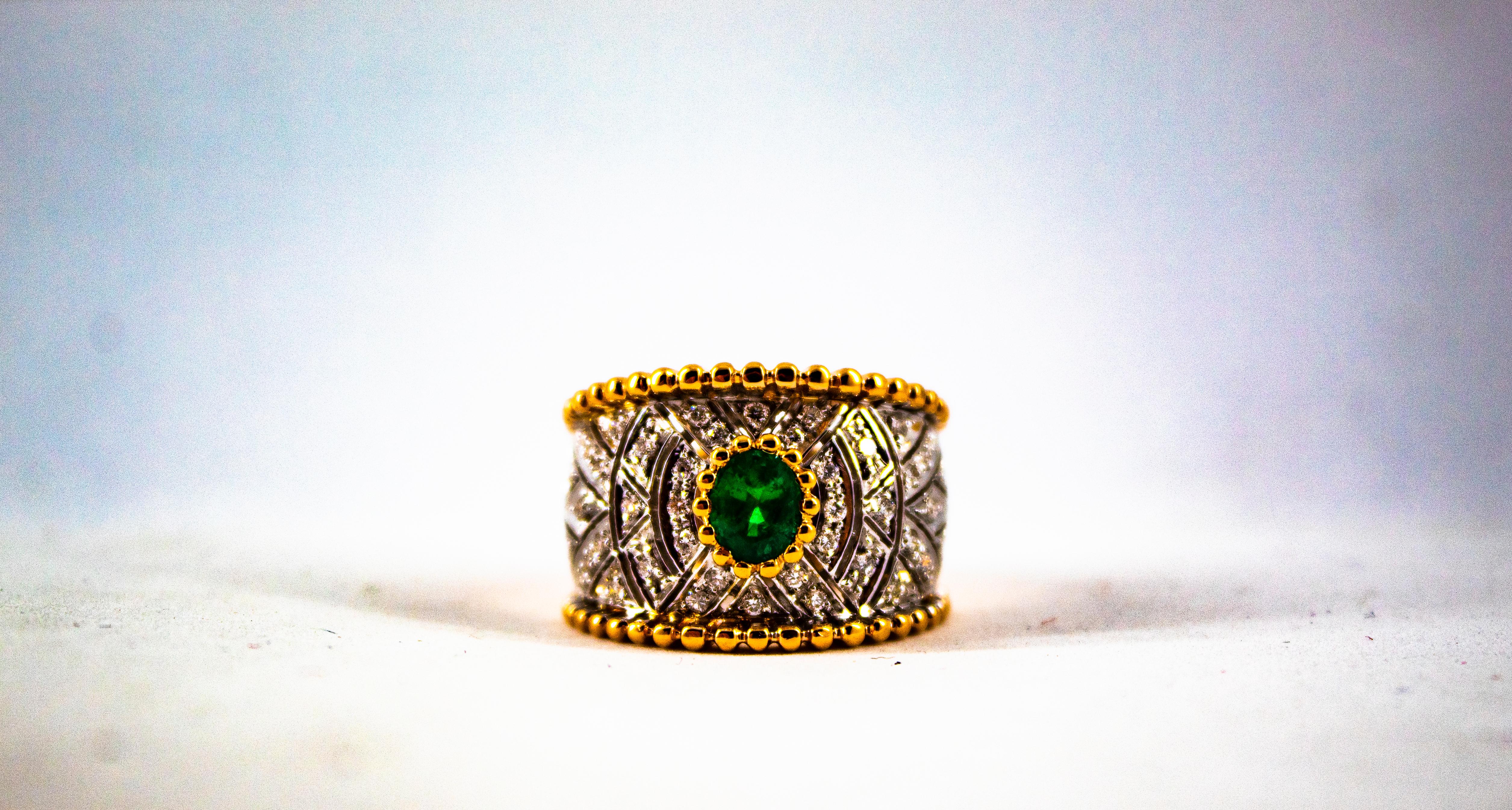Art Deco Style 0.60 Carat Emerald 0.50 Carat Diamond Yellow Gold Cocktail Ring For Sale 5