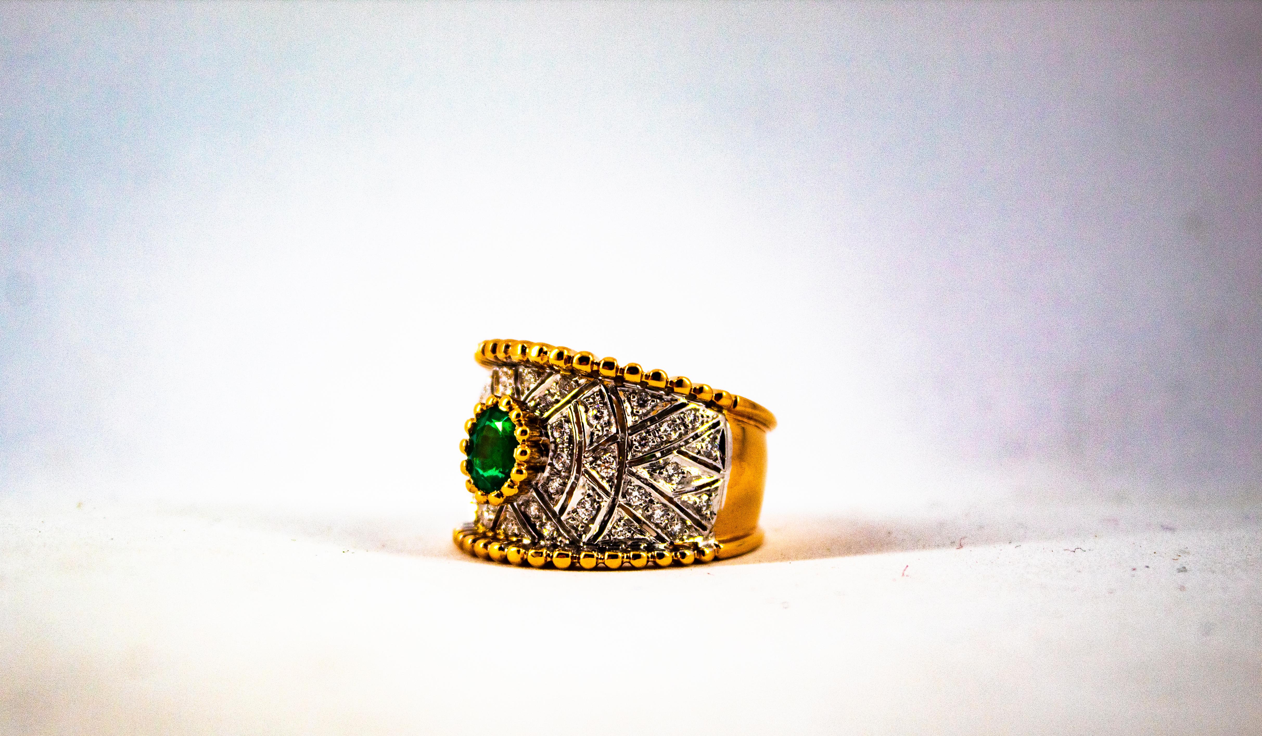 Art Deco Style 0.60 Carat Emerald 0.50 Carat Diamond Yellow Gold Cocktail Ring For Sale 6