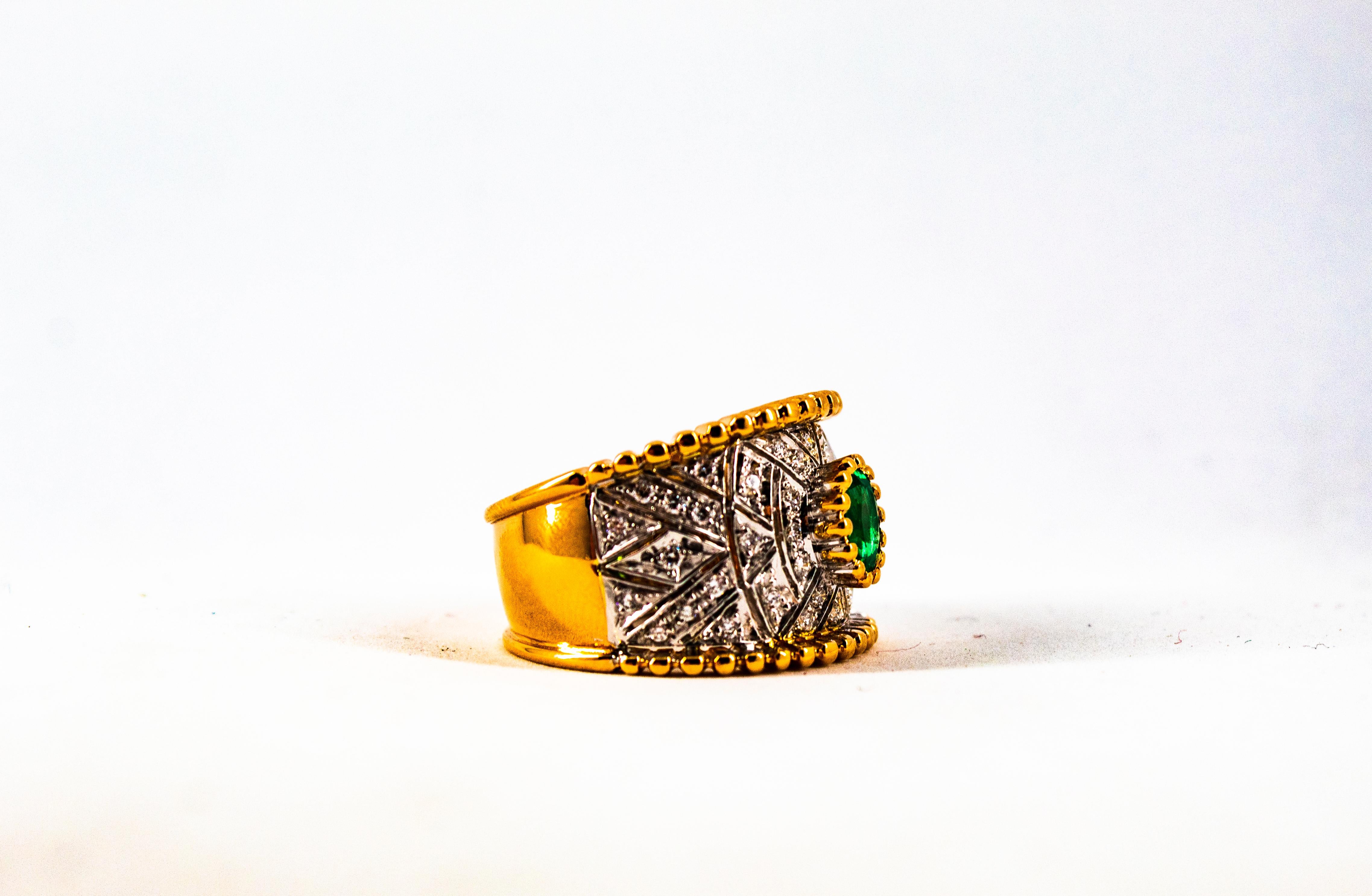 Art Deco Style 0.60 Carat Emerald 0.50 Carat Diamond Yellow Gold Cocktail Ring 9