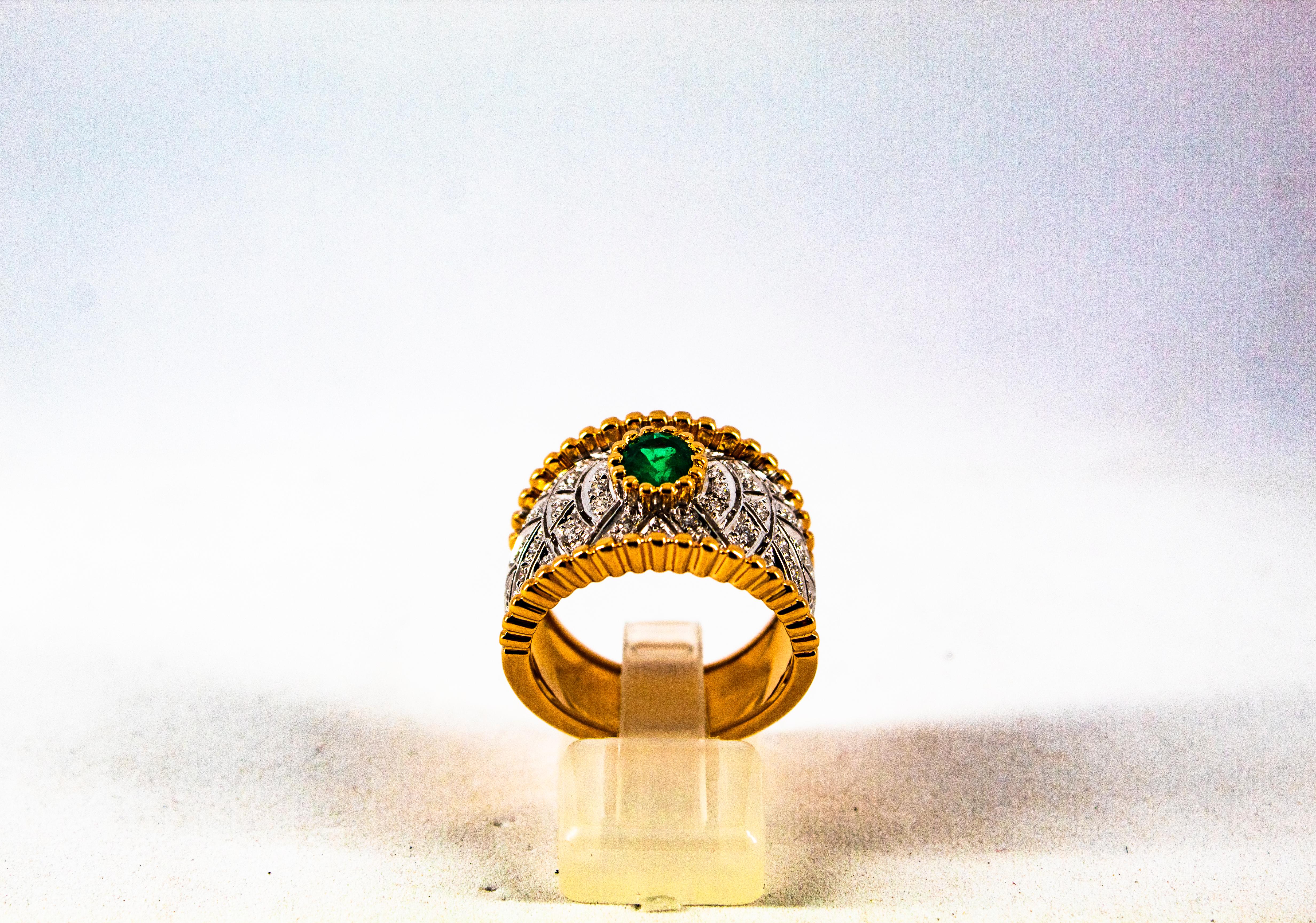 Brilliant Cut Art Deco Style 0.60 Carat Emerald 0.50 Carat Diamond Yellow Gold Cocktail Ring