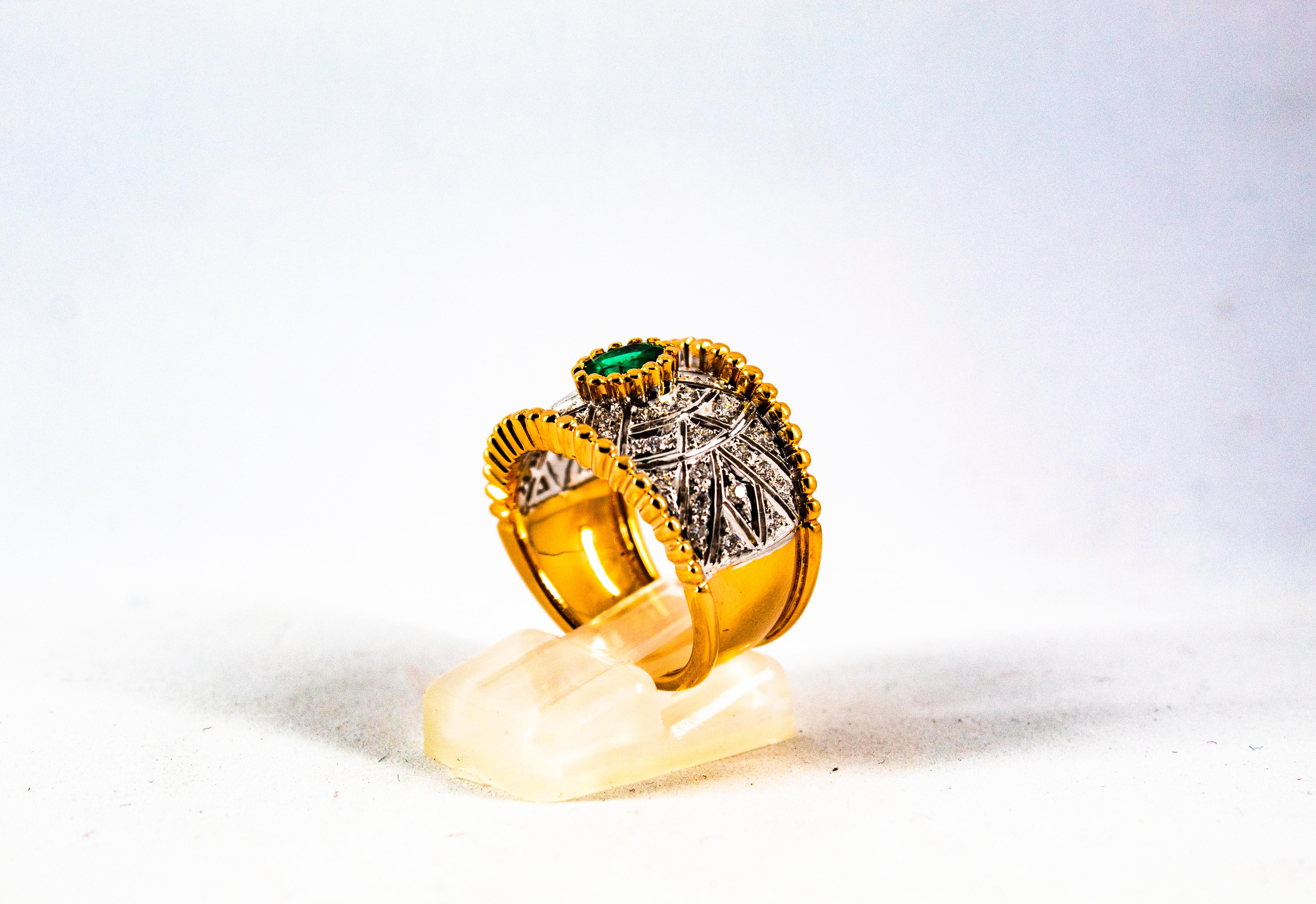 Art Deco Style 0.60 Carat Emerald 0.50 Carat Diamond Yellow Gold Cocktail Ring In New Condition For Sale In Naples, IT