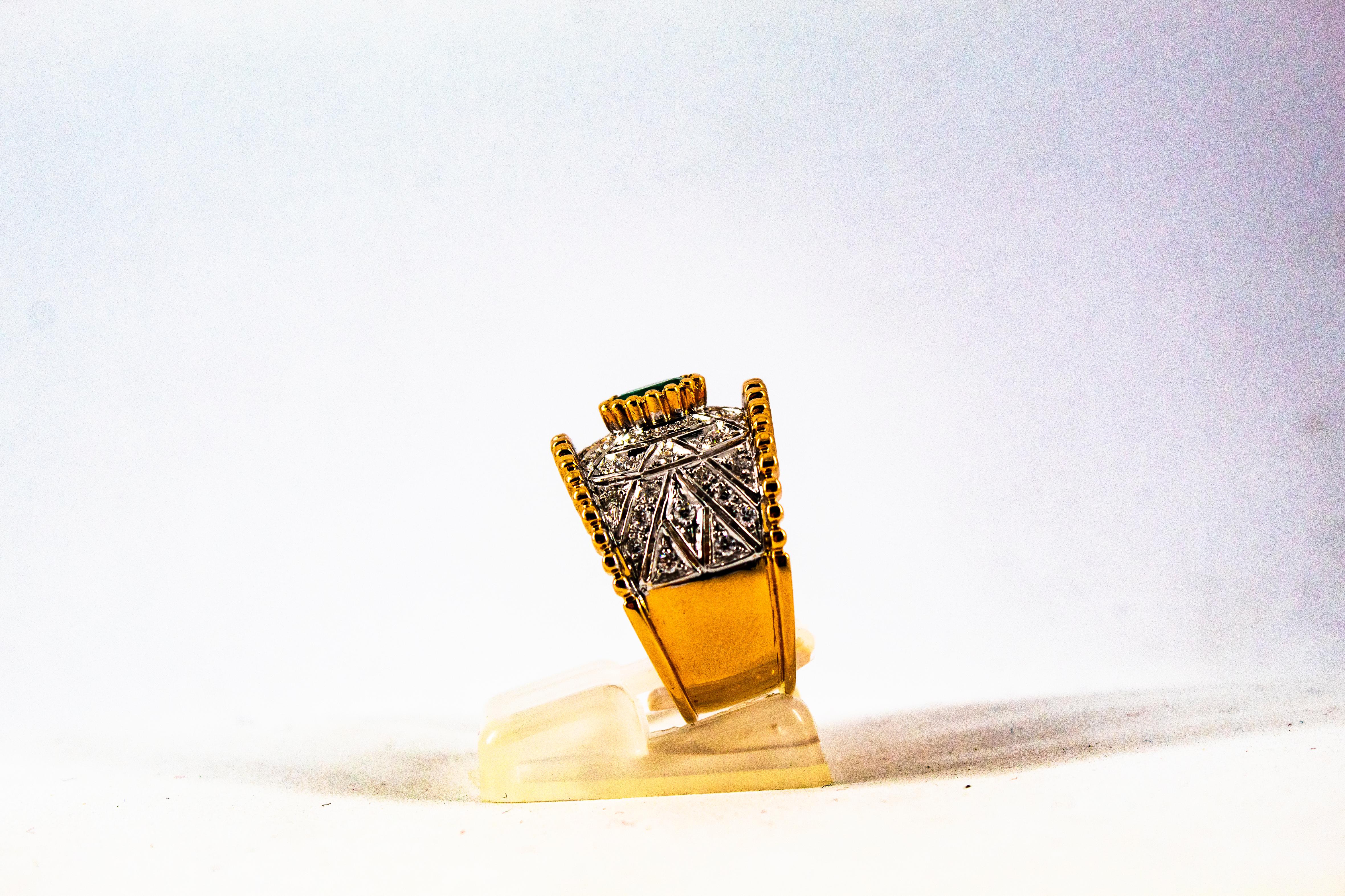 Women's or Men's Art Deco Style 0.60 Carat Emerald 0.50 Carat Diamond Yellow Gold Cocktail Ring For Sale