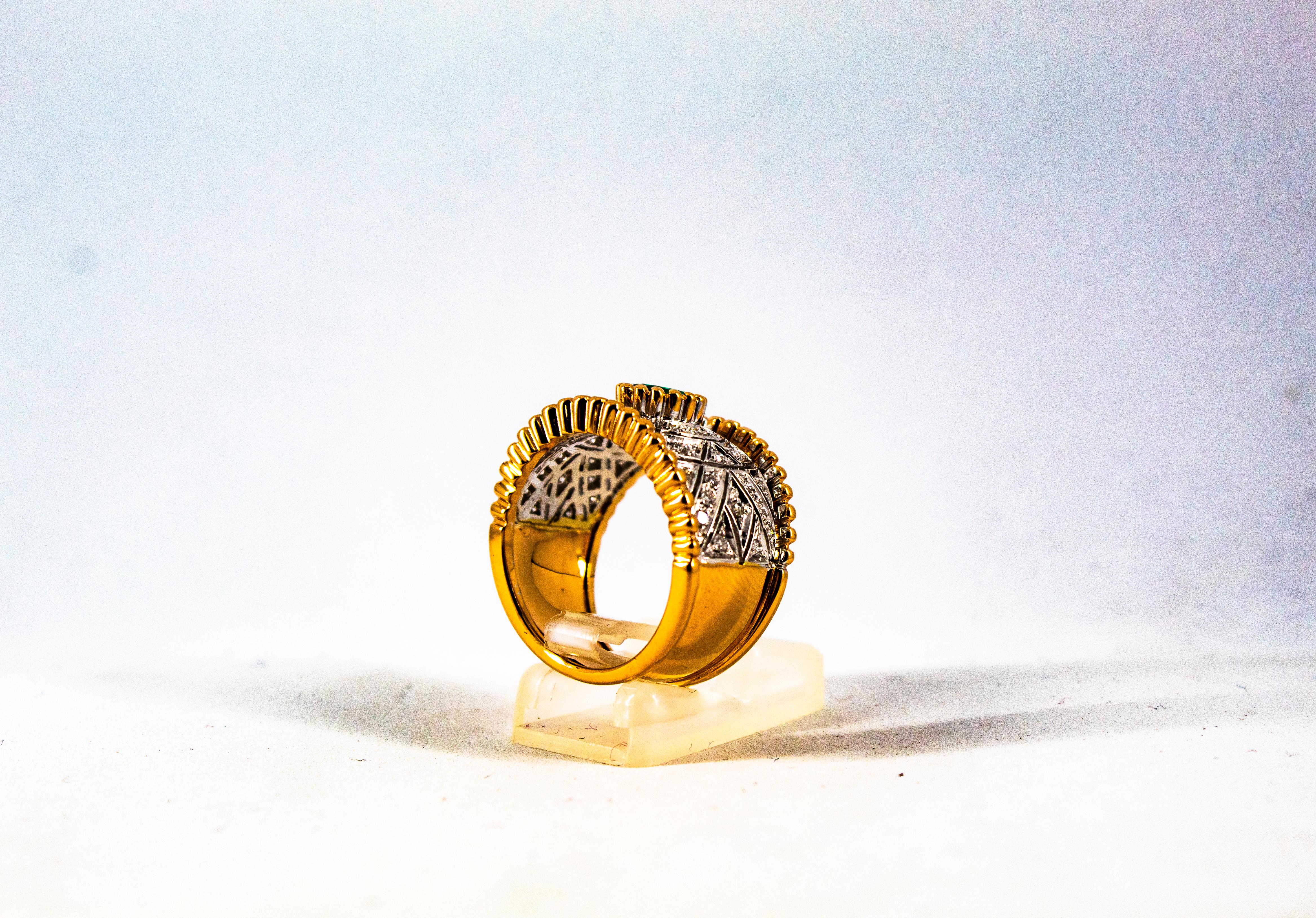Art Deco Style 0.60 Carat Emerald 0.50 Carat Diamond Yellow Gold Cocktail Ring For Sale 2