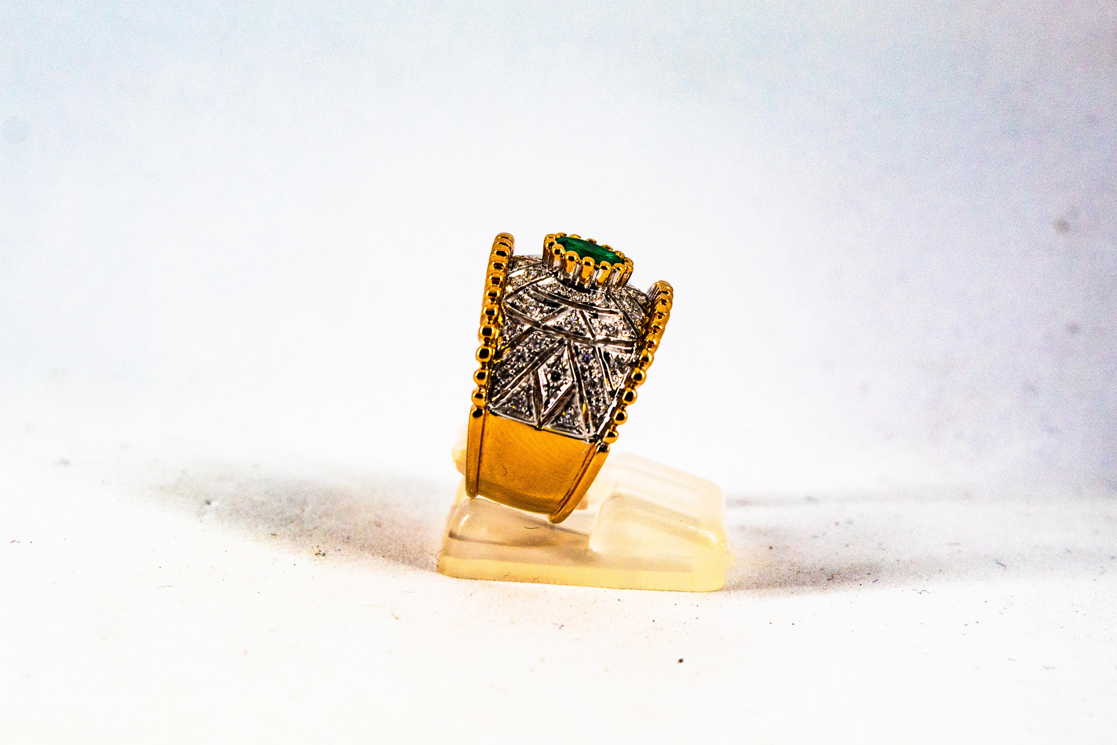 Art Deco Style 0.60 Carat Emerald 0.50 Carat Diamond Yellow Gold Cocktail Ring For Sale 3