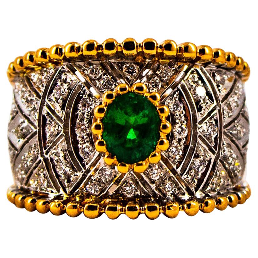 Art Deco Style 0.60 Carat Emerald 0.50 Carat Diamond Yellow Gold Cocktail Ring For Sale
