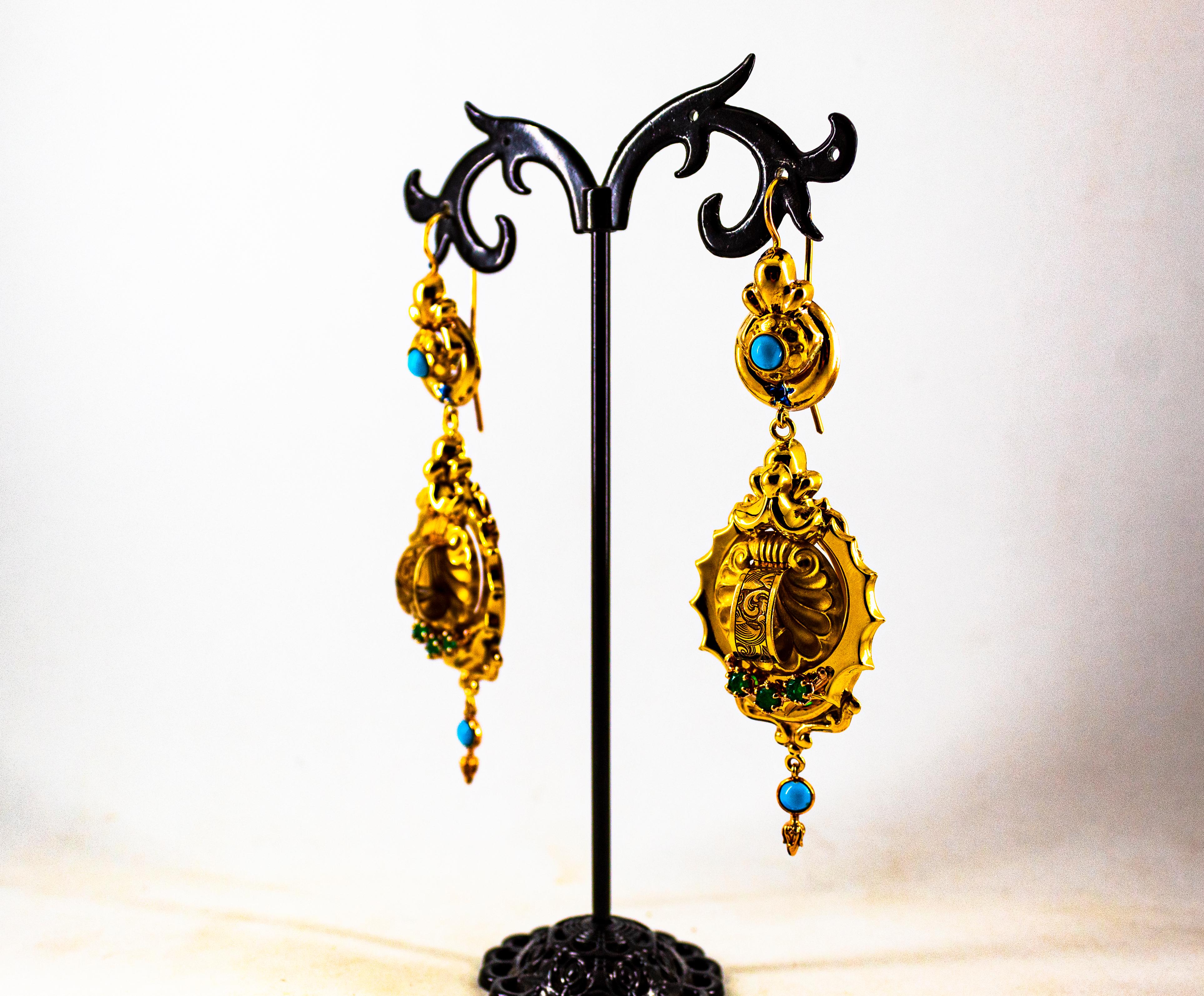Art Deco Style 0.60 Carat Emerald Turquoise Enamel Yellow Gold Drop Earrings For Sale 5