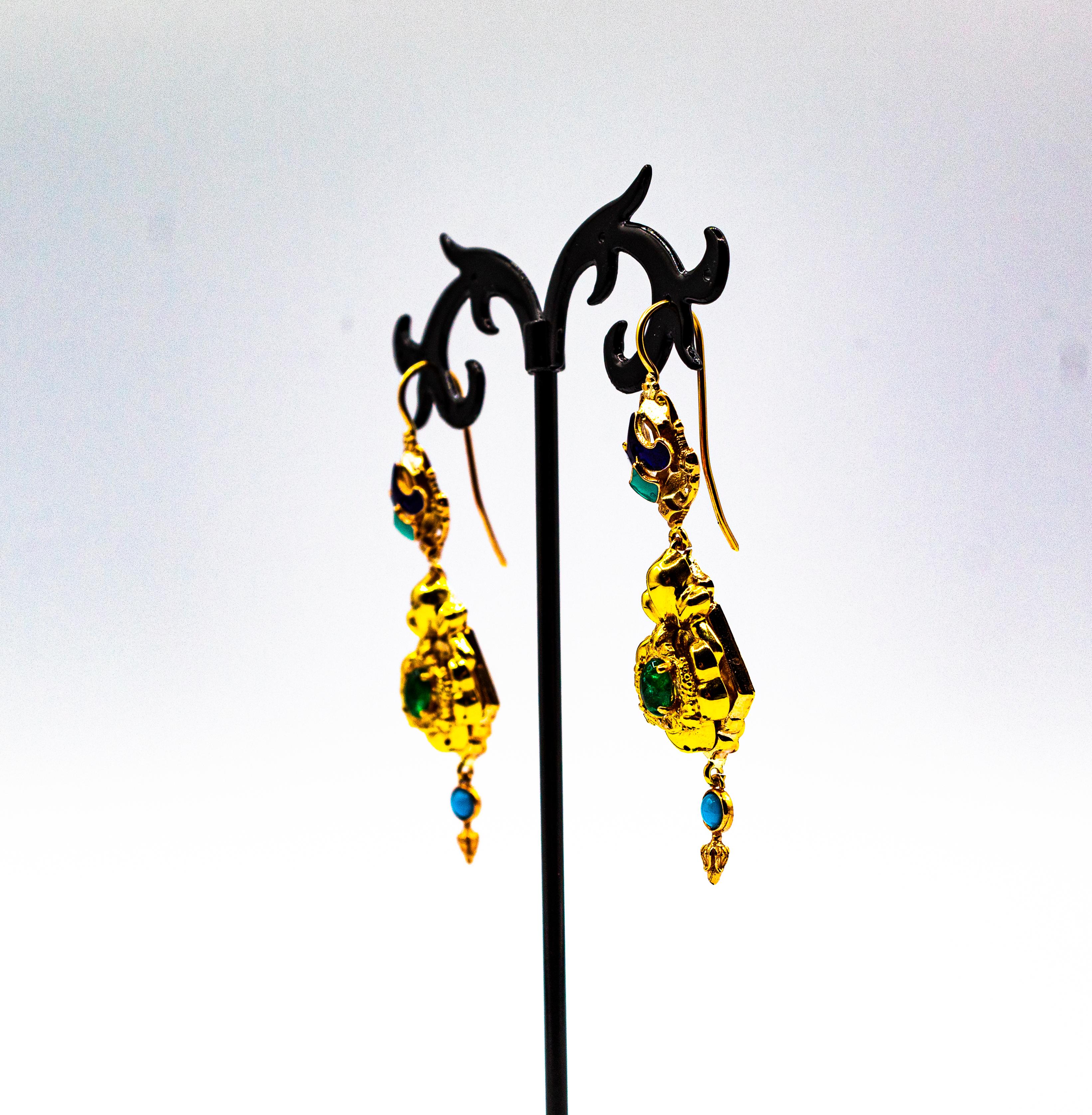 Art Deco Style 0.60 Carat Emerald Turquoise Enamel Yellow Gold Drop Earrings For Sale 5