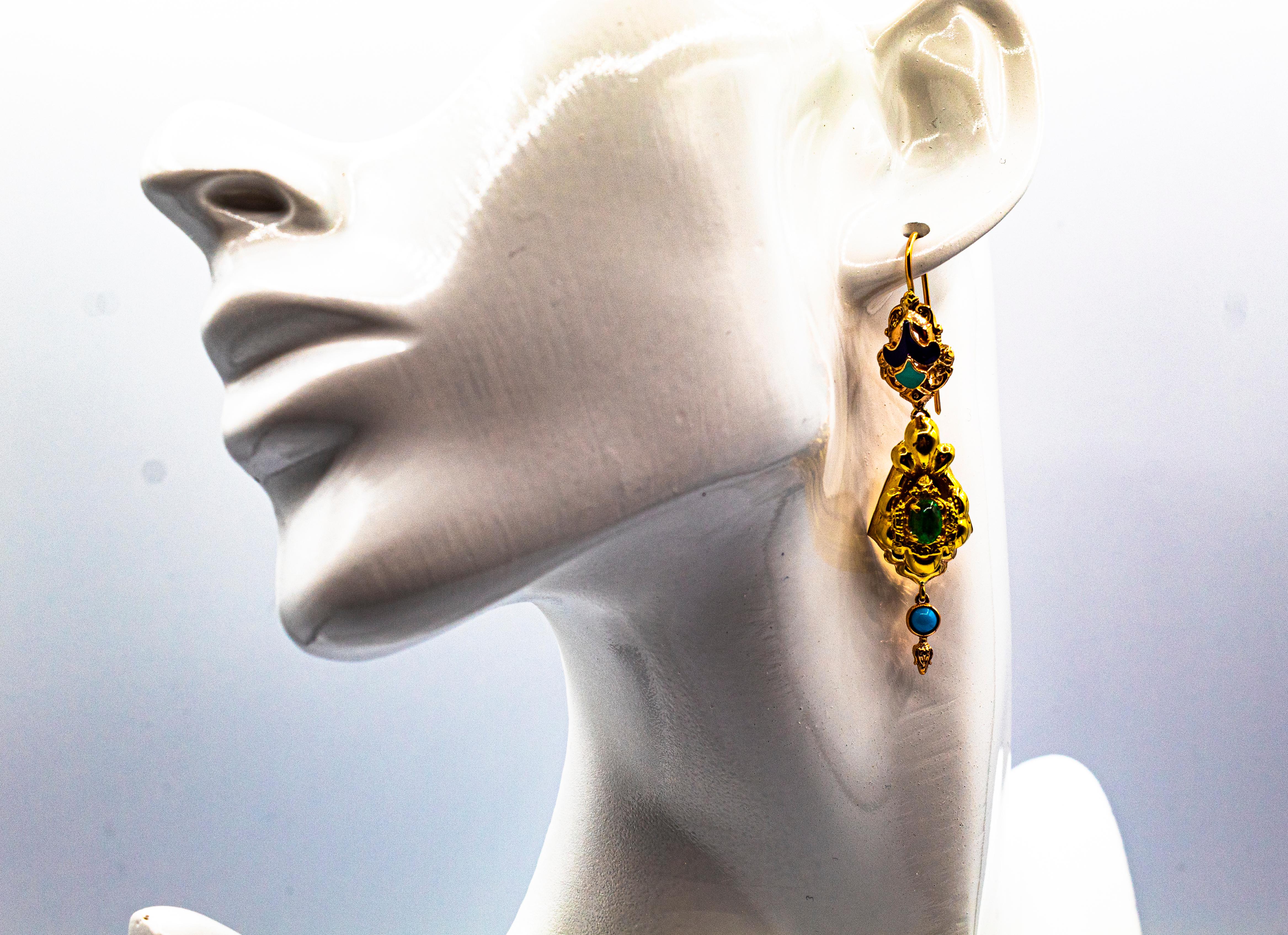Art Deco Style 0.60 Carat Emerald Turquoise Enamel Yellow Gold Drop Earrings For Sale 6
