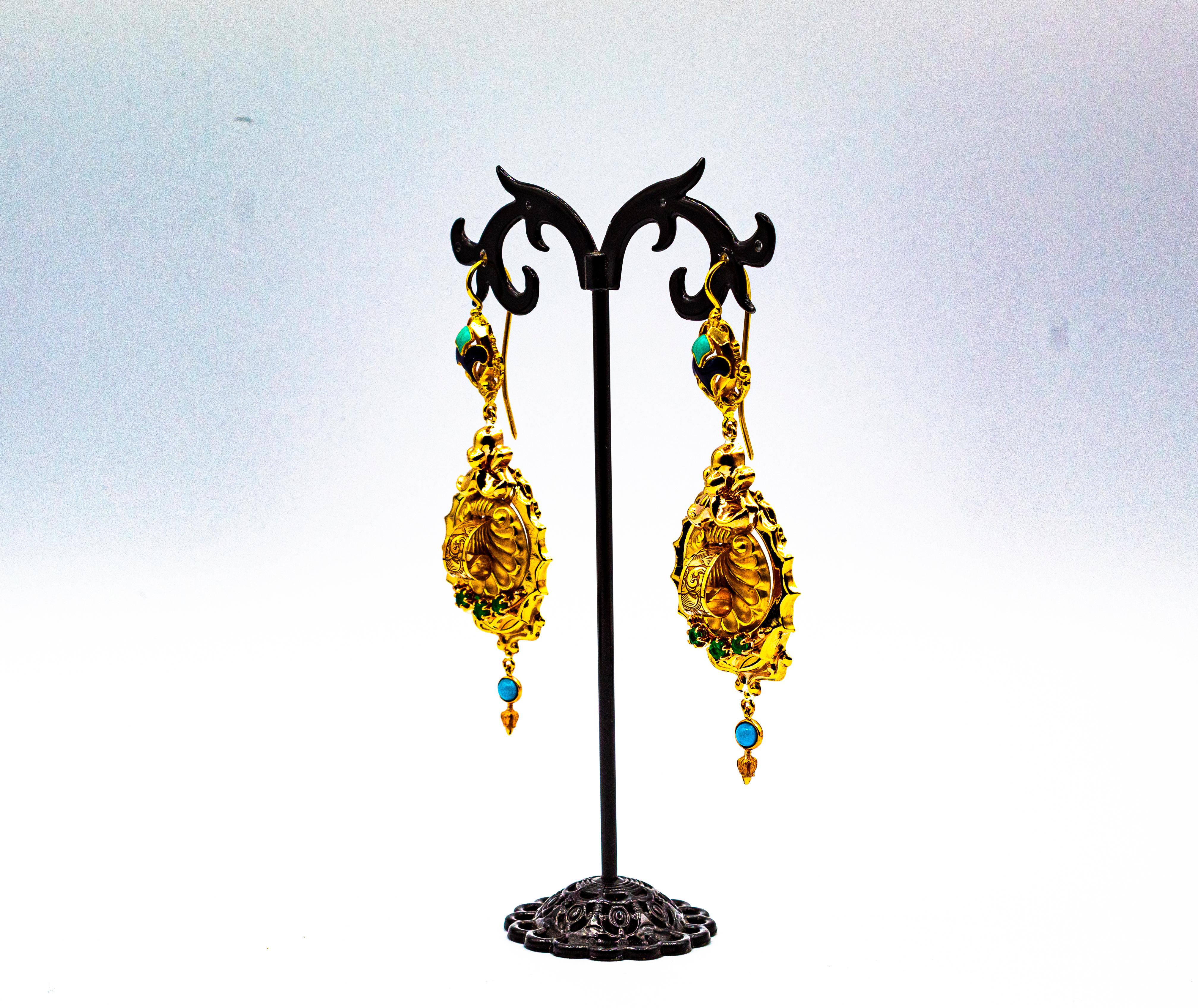 Art Deco Style 0.60 Carat Emerald Turquoise Enamel Yellow Gold Drop Earrings For Sale 6