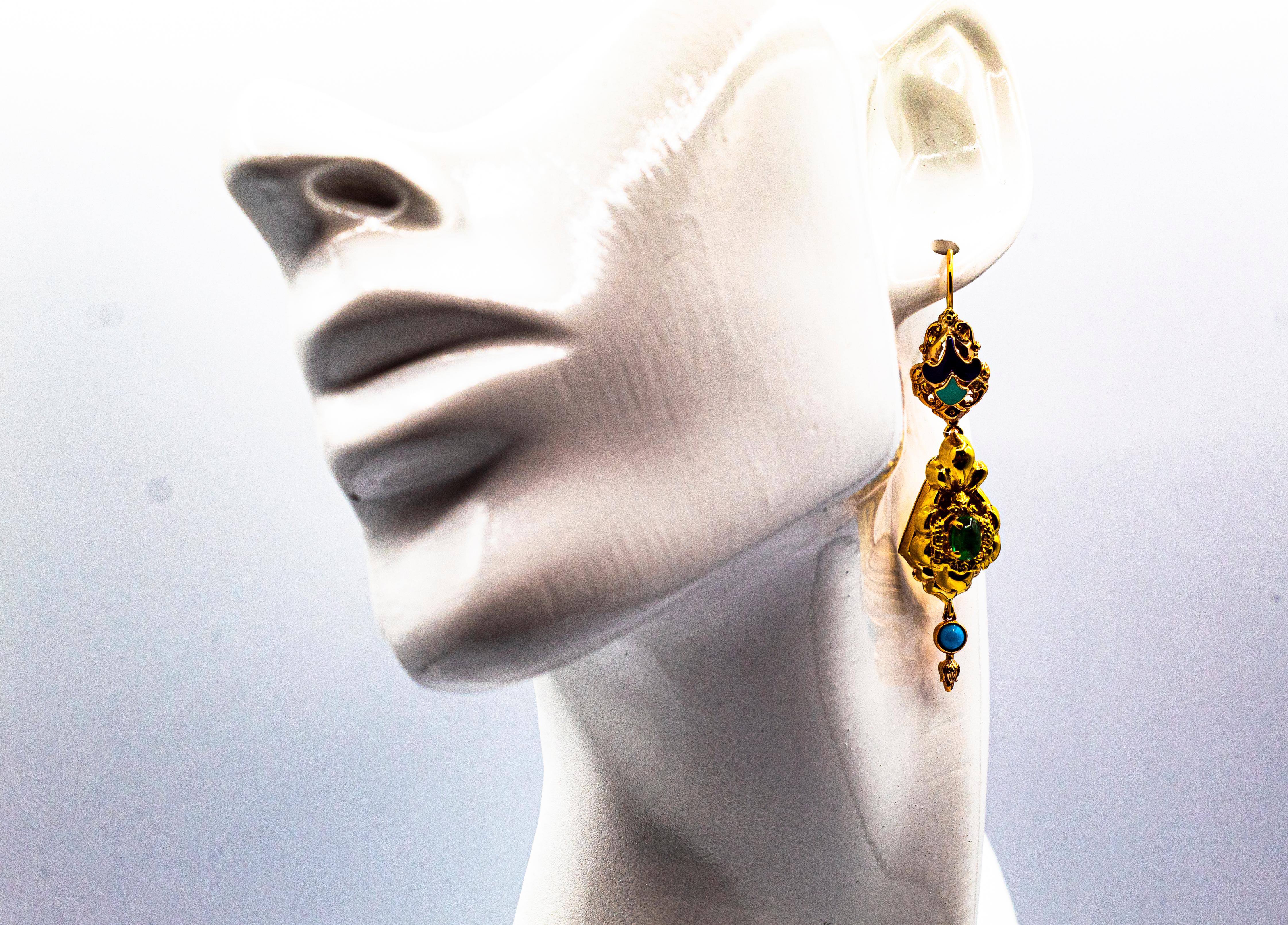 Art Deco Style 0.60 Carat Emerald Turquoise Enamel Yellow Gold Drop Earrings For Sale 7
